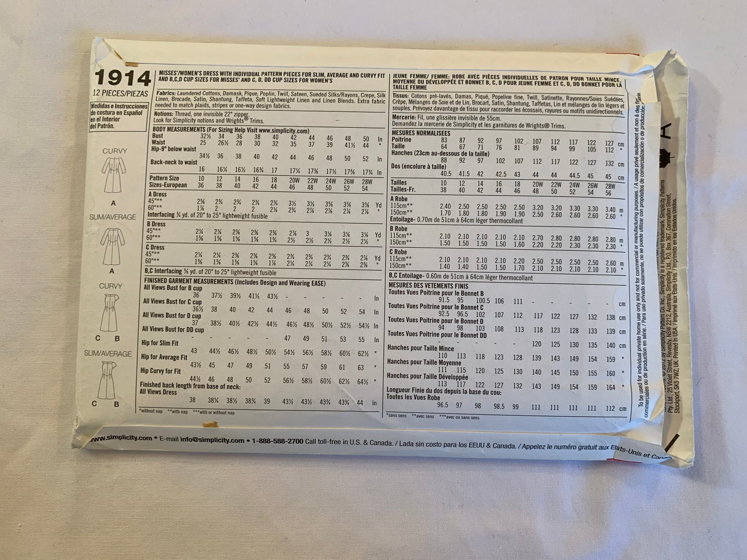 Simplicity Sewing Pattern 1914 Misses' Dress, Curvy, Average, Slim, Long/Short Sleeves, Sleeveless, Pleats, Size 10-18, Uncut, 2012