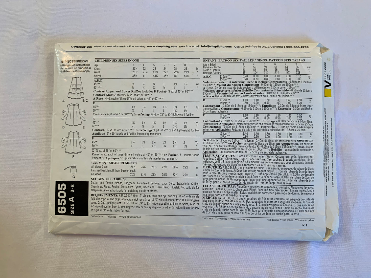 Simplicity New Look Sewing Pattern 6505 Girls' Dress, Purse, Short Sleeves, Sleeveless, Zipper Back, Tie End, Collar, Knee Length, Size 3-8, Uncut, 2006