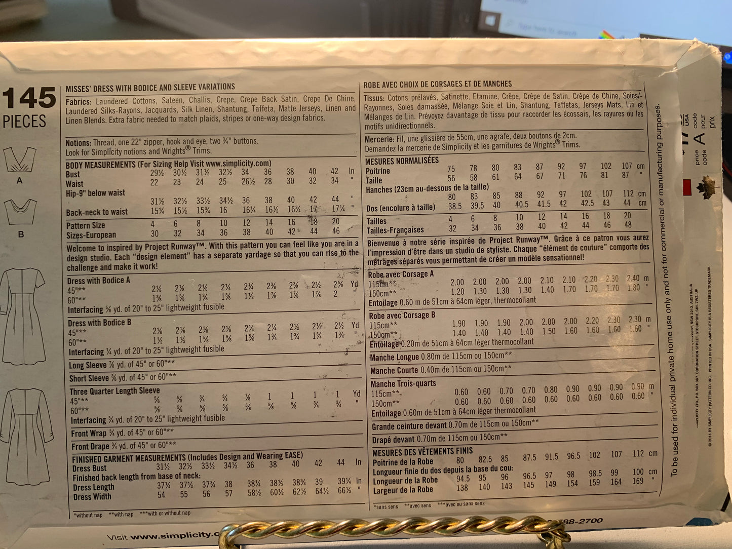 Simplicity Project Runway Sewing Pattern 2145 Misses' Dress, Long/Short Sleeves, Zipper Back, Bodice, Size 4-20, Uncut, 2011