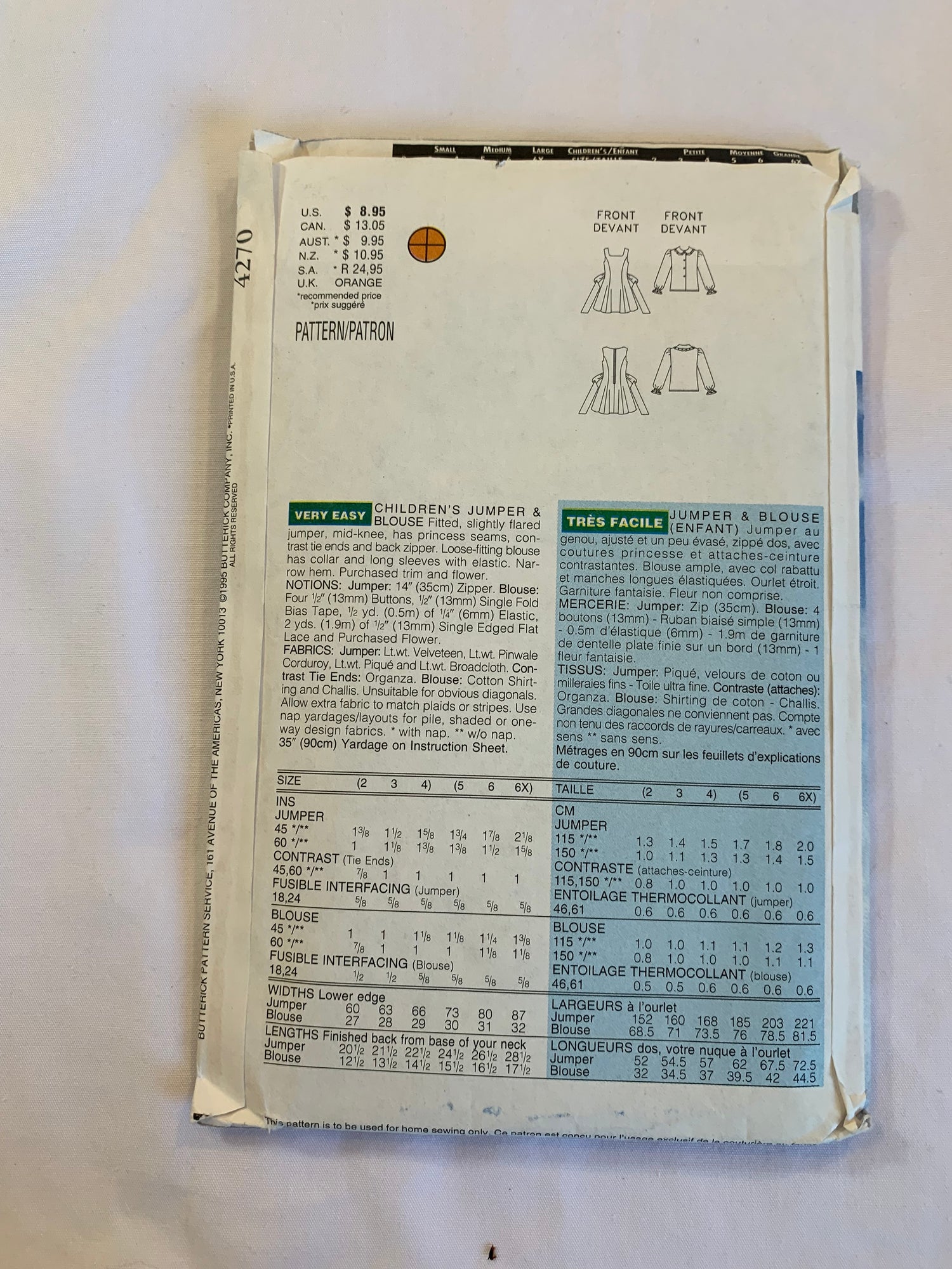 Butterick Sewing Pattern 4270 Girls' Dress, Jumper, Fitted, Slightly Flared, Ti Ends, Zippr Back, Button Front, Long Sleeves, Sleeveless, Size 5-6X, Uncut, Vintage 1995