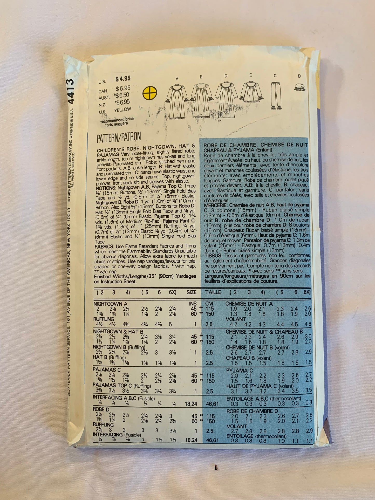 Butterick busybodies Sewing Pattern 4413 Girls' Pajamas, Top, Pants, Pull-On, Button Front, Long Sleeves, Robe, Housecoat, Hat, Loose-Fitting, Pockets, Size 5-6x, Uncut, Vintage 1989