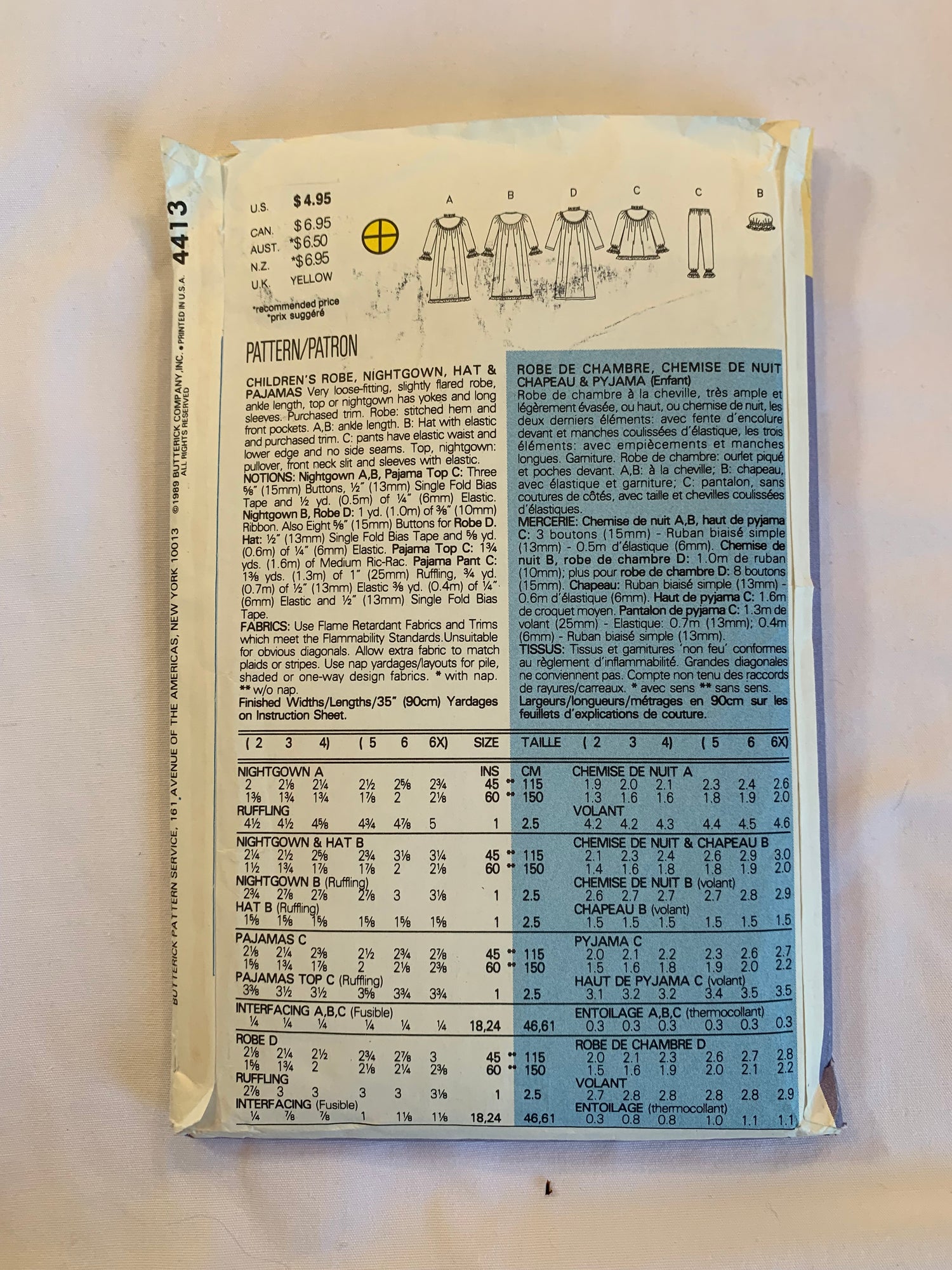 Butterick busybodies Sewing Pattern 4413 Girls' Pajamas, Top, Pants, Pull-On, Button Front, Long Sleeves, Robe, Housecoat, Hat, Loose-Fitting, Pockets, Size 5-6x, Uncut, Vintage 1989