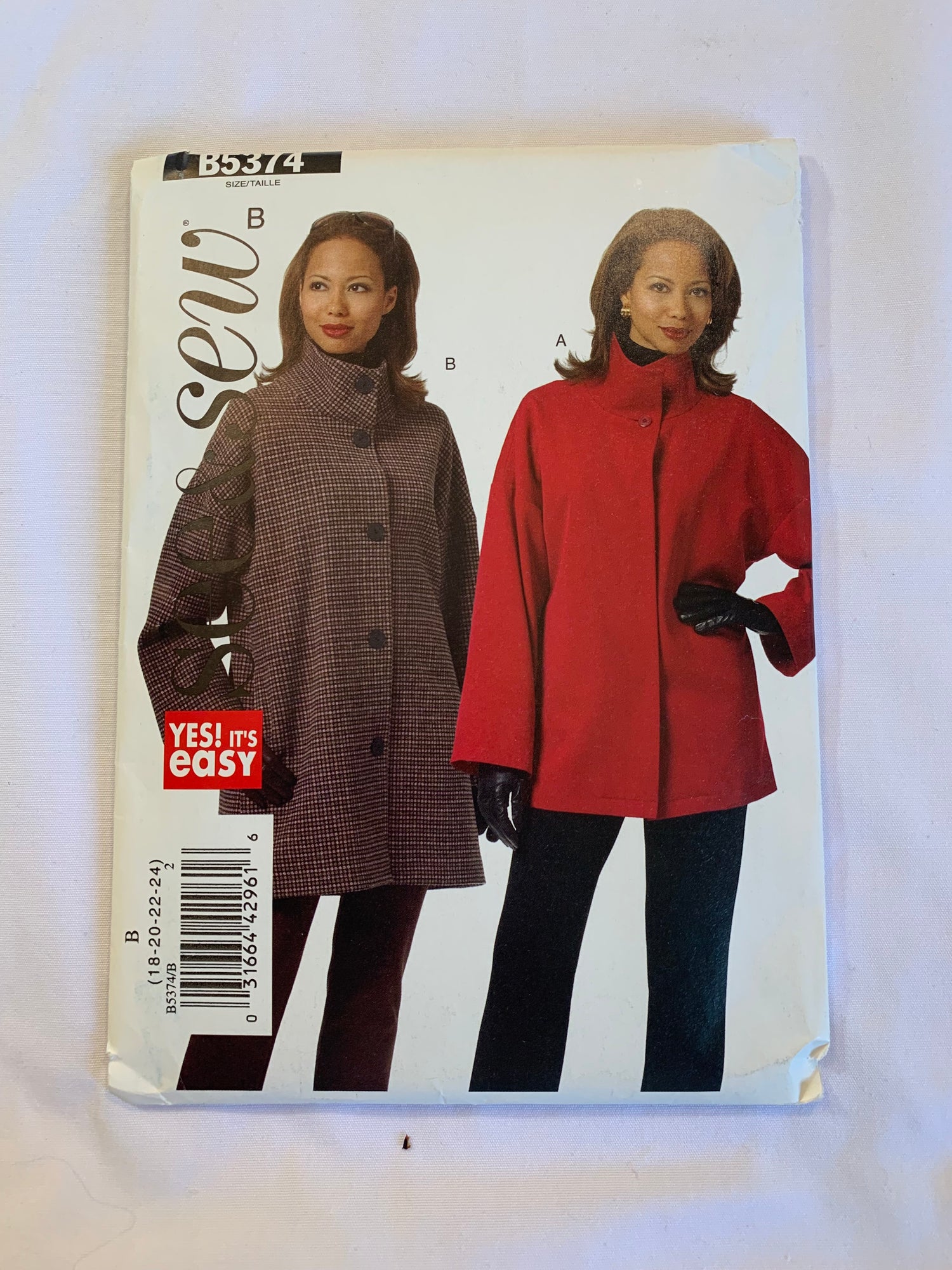 Butterick Sewing Pattern B5374 Misses' Unlined Jacket, Coats, Loose-Fitting, Collar, Long Sleeves, Two Lengths, Pockets, Button Front, Size 18-24, Uncut, 2009