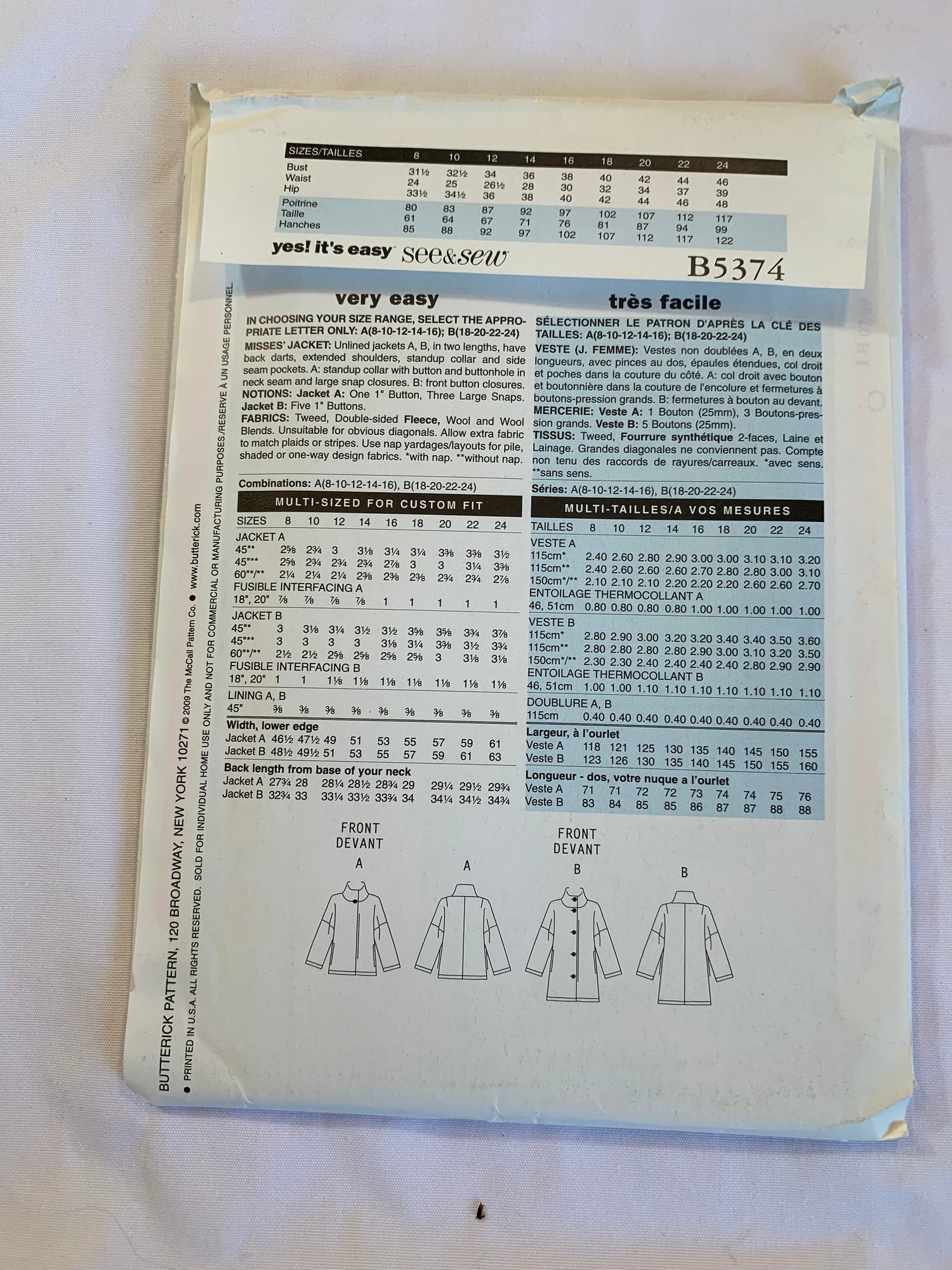 Butterick Sewing Pattern B5374 Misses' Unlined Jacket, Coats, Loose-Fitting, Collar, Long Sleeves, Two Lengths, Pockets, Button Front, Size 18-24, Uncut, 2009