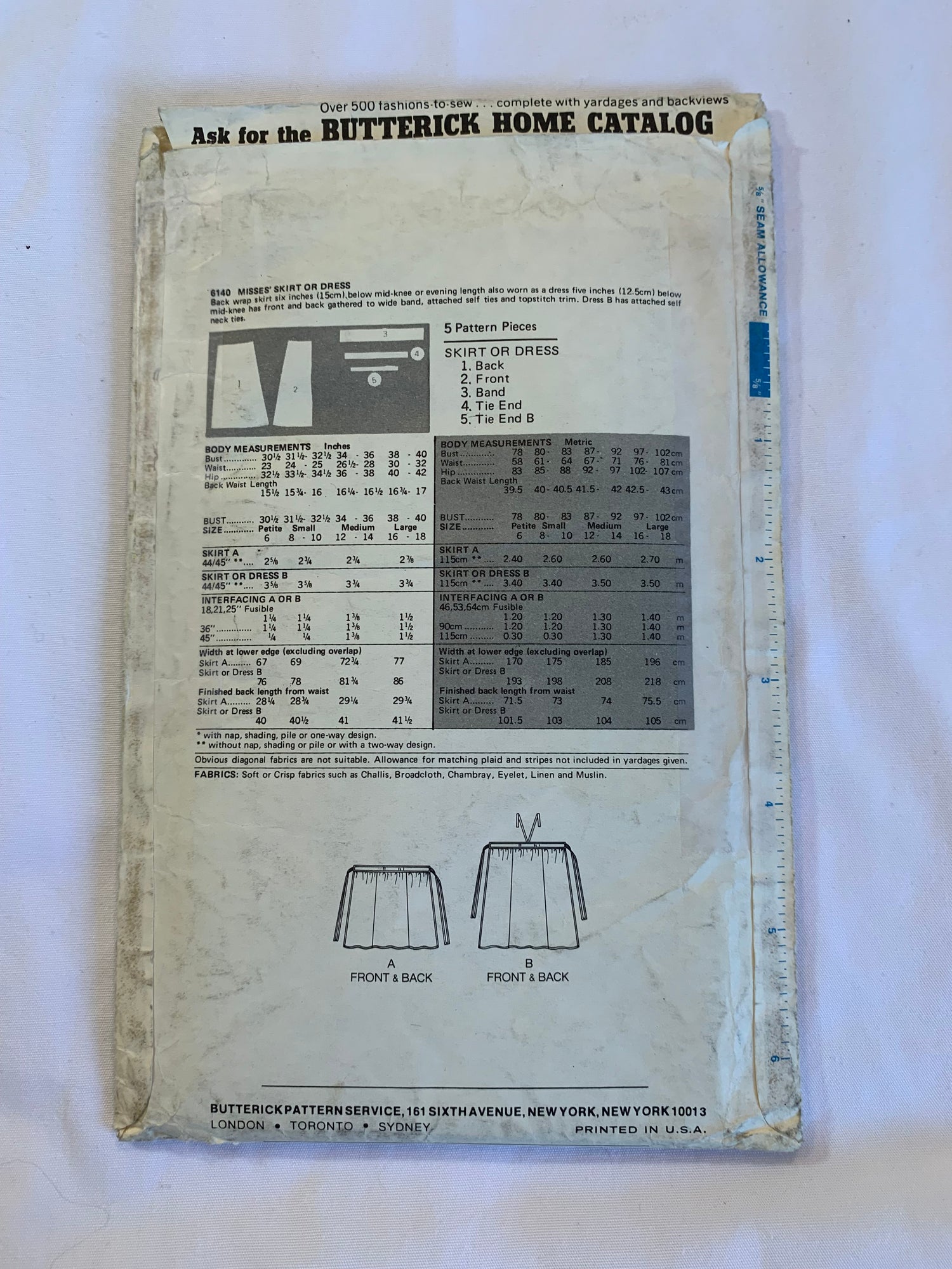 Butterick Sewing Pattern 6140 Misses' Dress, Skirt, Back Wrap, Two Lengths, Ties, Full Skirt, Sleeveless, Size 12-14, Uncut, Vintage 1986