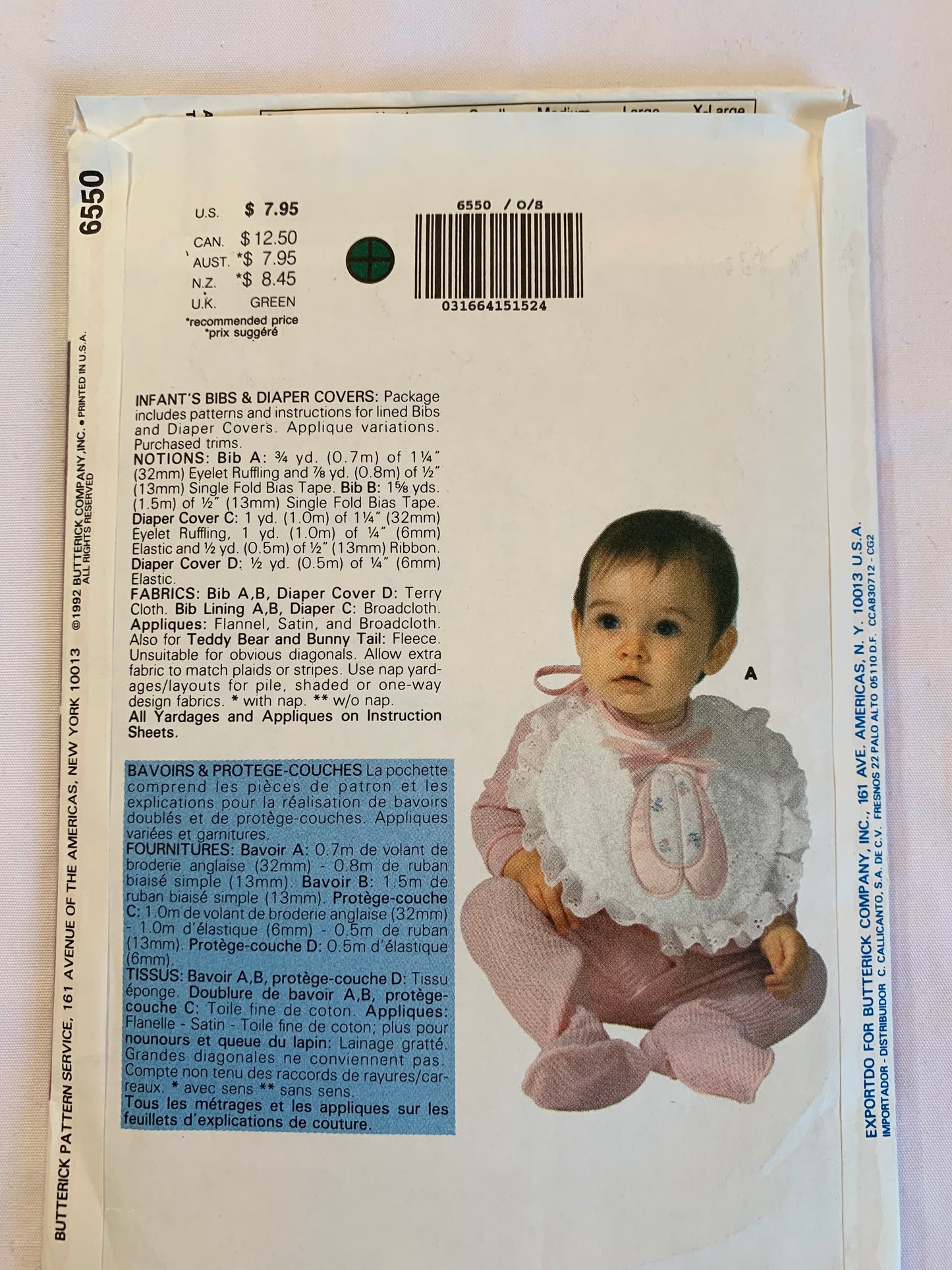 Butterick Sewing Pattern 6550 Infants' Bibs, Diaper Covers, 4 Variations, Elastic Waist, Tie Back, Uncut, Vintage 1992
