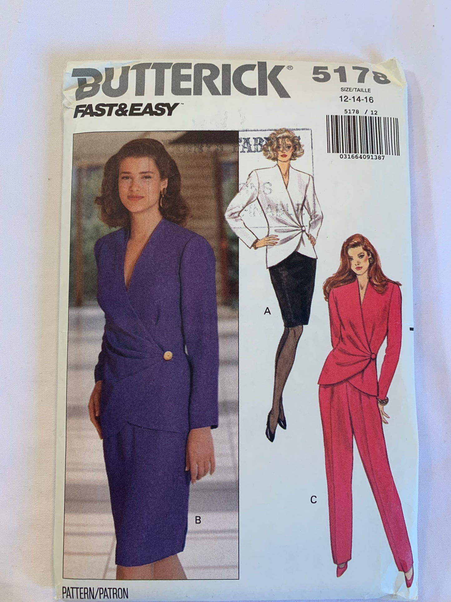 Butterick Sewing Pattern 5178 Misses' Top, Skirt, Pants, Loose-Fitting, Button Front, Shoulder Pads, Inside Ties, Long Sleeves, Size 12-16, Uncut, Vintage 1990