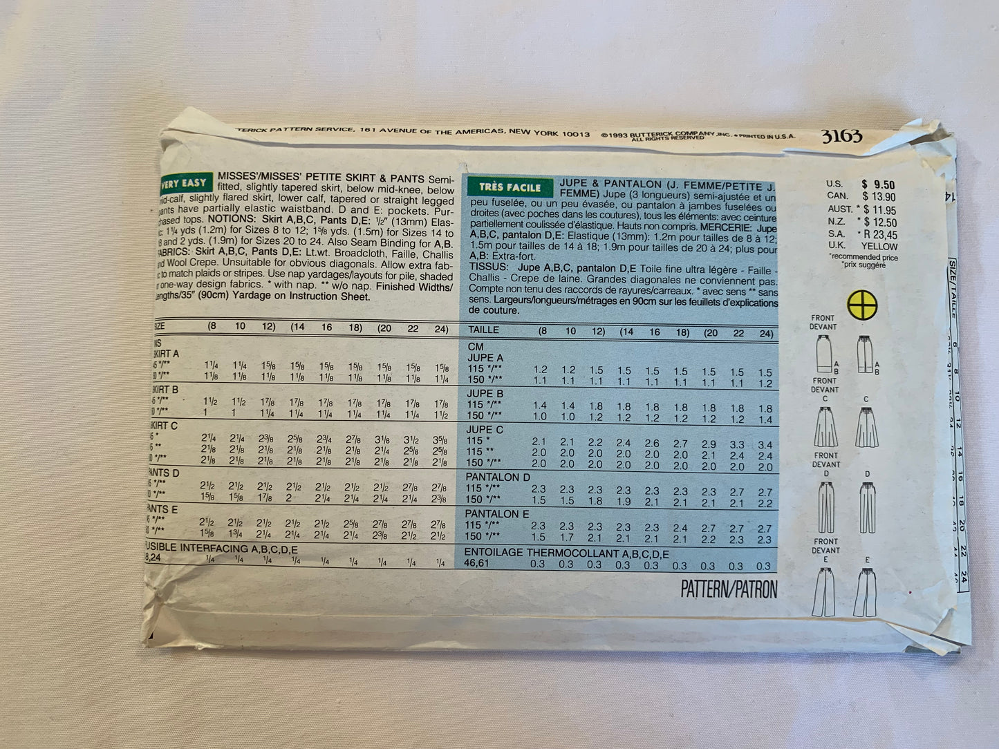Butterick Sewing Pattern 3163 Misses'/Miss Petite Skirt, Pants, Semi-Fitted, Tapered, Flared, Elastic Waist, Pockets, Size 14-18, Uncut, Vintage 1993