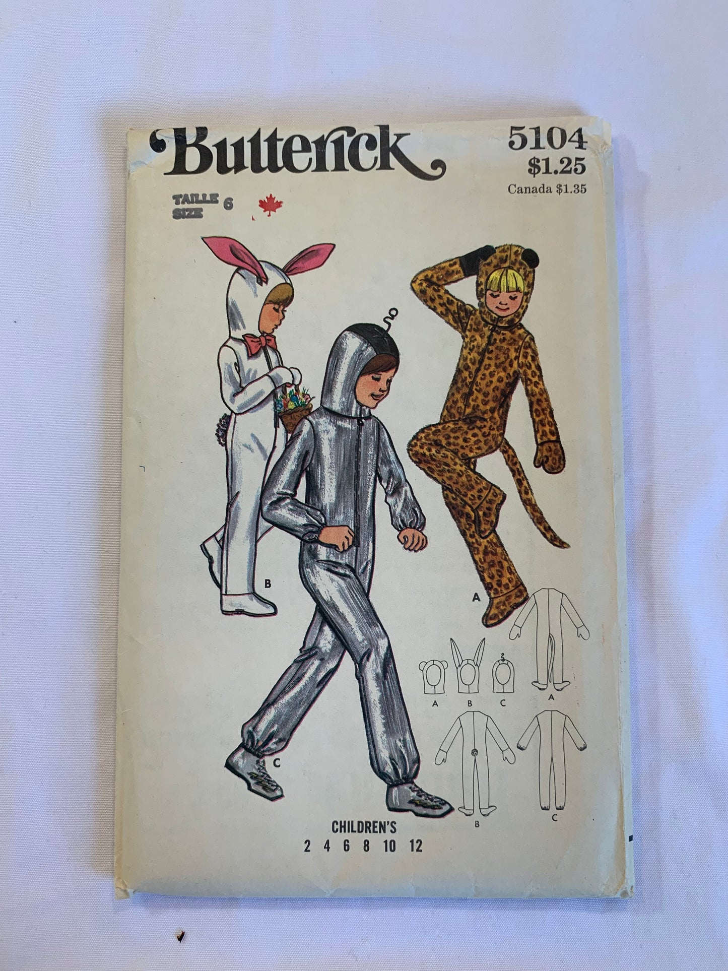 Butterick Sewing Pattern 5104 Children's/Girls'/Boys' Spaceman, Bunny, Cat, Leopard, Jumpsuit, Costumes, Hood, Loose-Fitting, Long Sleeves, Size 6, Uncut, Vintage 1988