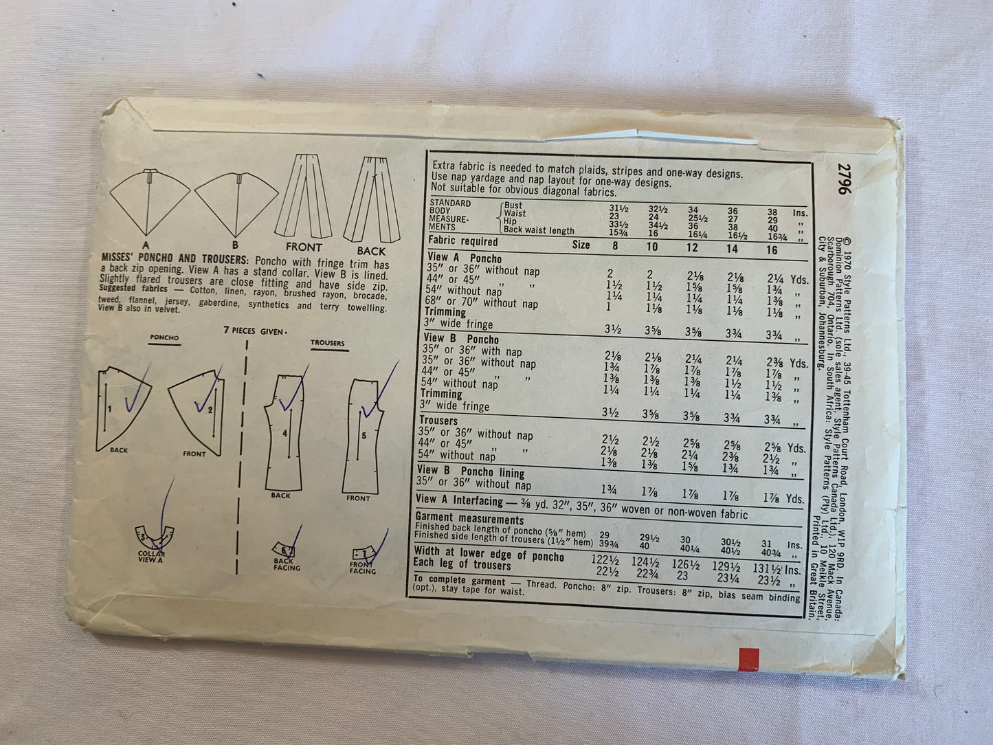 Style Sewing Pattern 2796 Misses' Pants, Poncho, Fringe, Zipper Back, Collar, Lined, Flared, Close-Fitting, Size 12, Cut, Vintage 1988