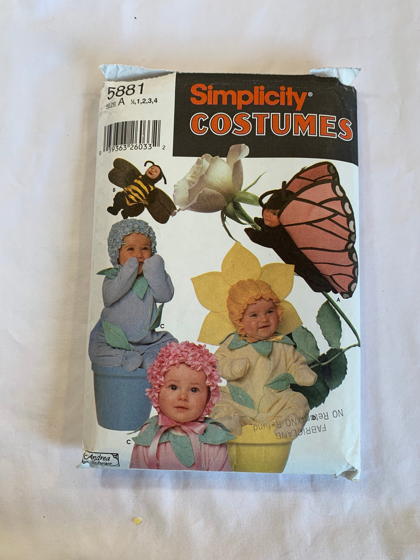 Simplicity Sewing Pattern 5881 Toddlers'/ Girls'/Boy's Costumes, Halloween, Flower, Bee, Butterfly, Jumpsuit, Hood, Bodysuit, Head Pieces, Wings, Bootees, Size 1/2-4, Cut, 2002
