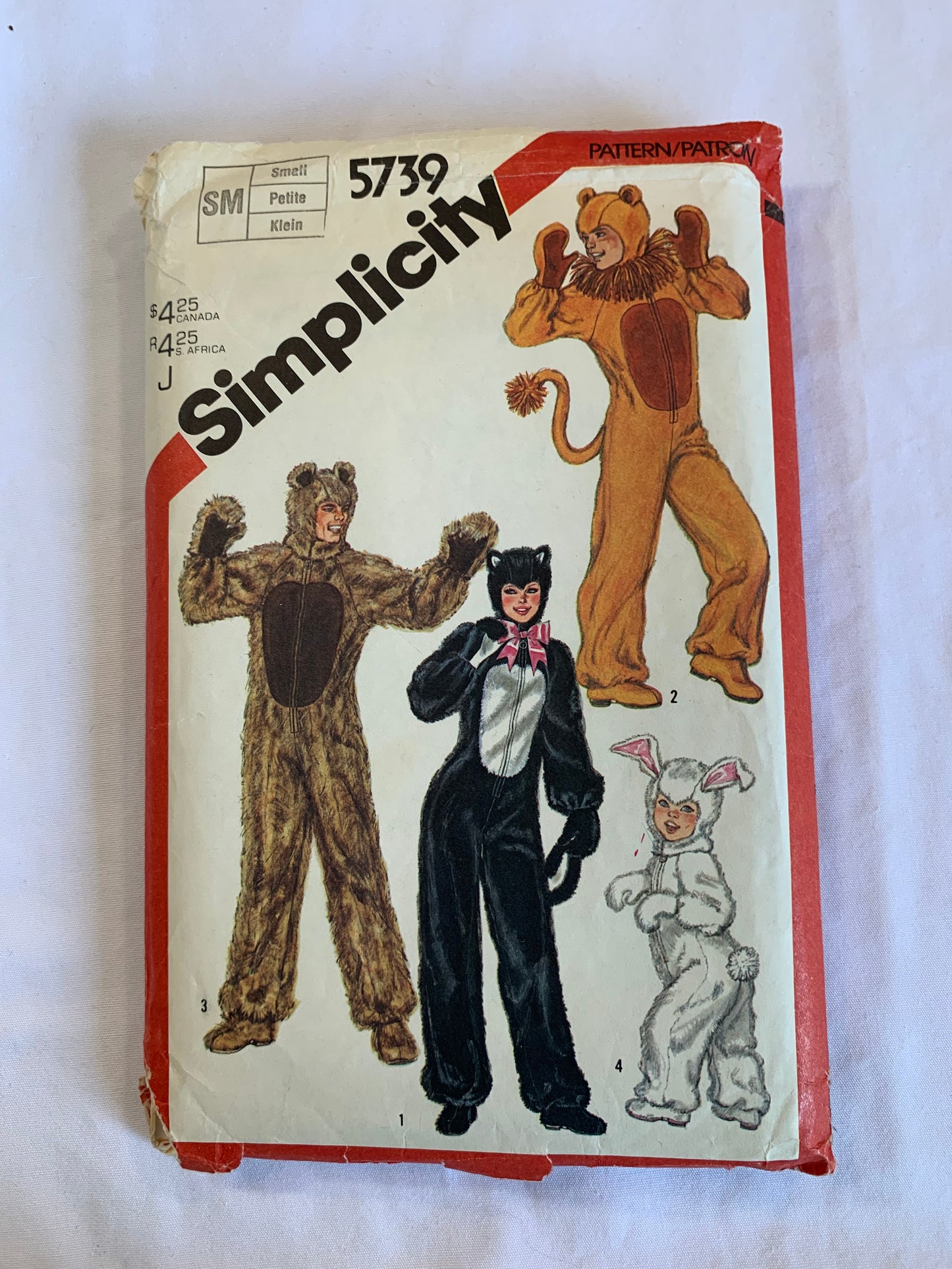 Simplicity Sewing Pattern 5739 Adult Animal Costumes, Cat, Bear, Rabbit, Mitten, Ears, Jumpsuits, Hood, Mittens, Booties, Jumpsuit, Hood, Booties, Size 32-34, Cut, Vintage 1982