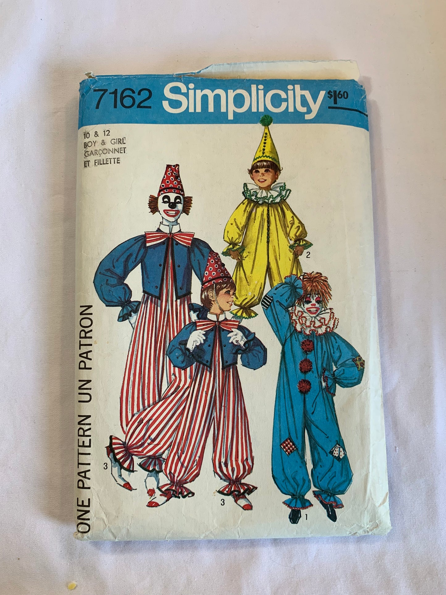 Simplicity Sewing Pattern 7162 Girls'/Boy's Costumes, Halloween, Clowns, Jumpsuit, Hats, Ruffles, Long Raglan Sleeves, Zipper Back, Collar, Size 10-12, Cut, Vintage 1976