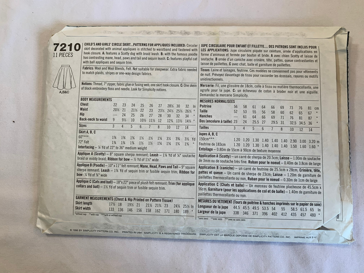 Simplicity Sewing Patter7210 Girls' Poodle Skirt, Circular, Animal Appliques, Waistband, Zipper, Below Knee, Costume, Size 8-10, Cut, Vintage 1996