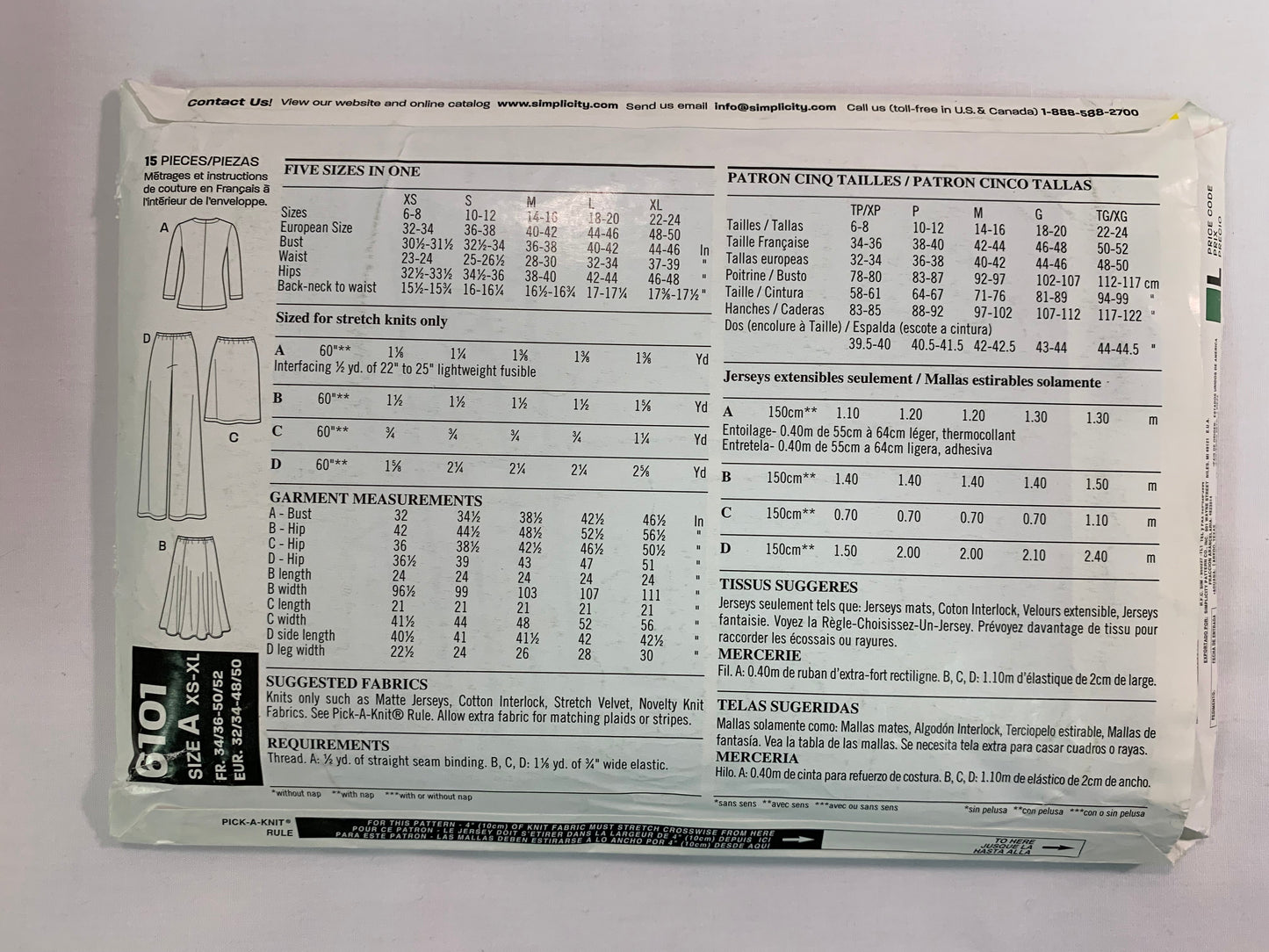 Simplicity New Look Sewing Pattern 6101 Misses' Top, Pants, Skirt, Long Sleeves, V-Neck, Elastic Waist, Full Skirt, Side Slit, Size 6-24, Uncut, 2003