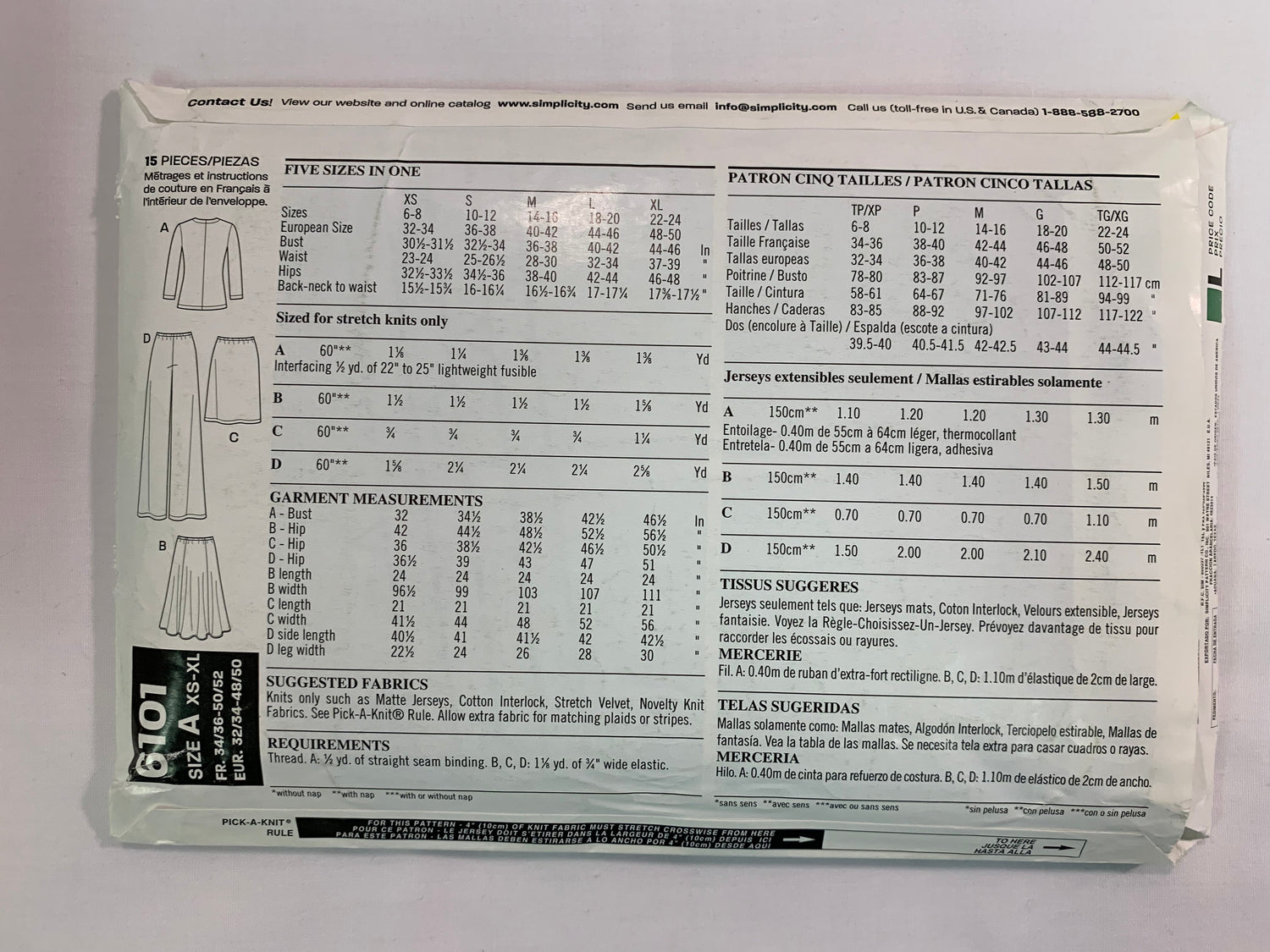 Simplicity New Look Sewing Pattern 6101 Misses' Top, Pants, Skirt, Long Sleeves, V-Neck, Elastic Waist, Full Skirt, Side Slit, Size 6-24, Uncut, 2003