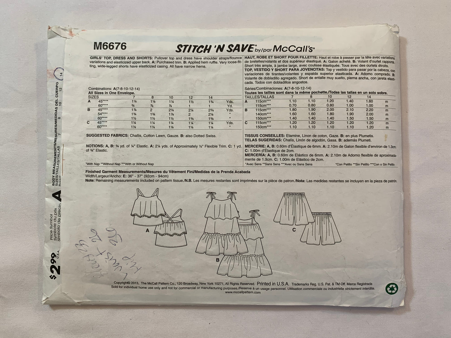 McCall's Stitch 'N Save Sewing Pattern M6676 Girls' Dress, Top, Shorts, Tiers, Pullover, Spaghetti Straps, Flounce, Elastic Waist, Size 7-14, Cut, 2012