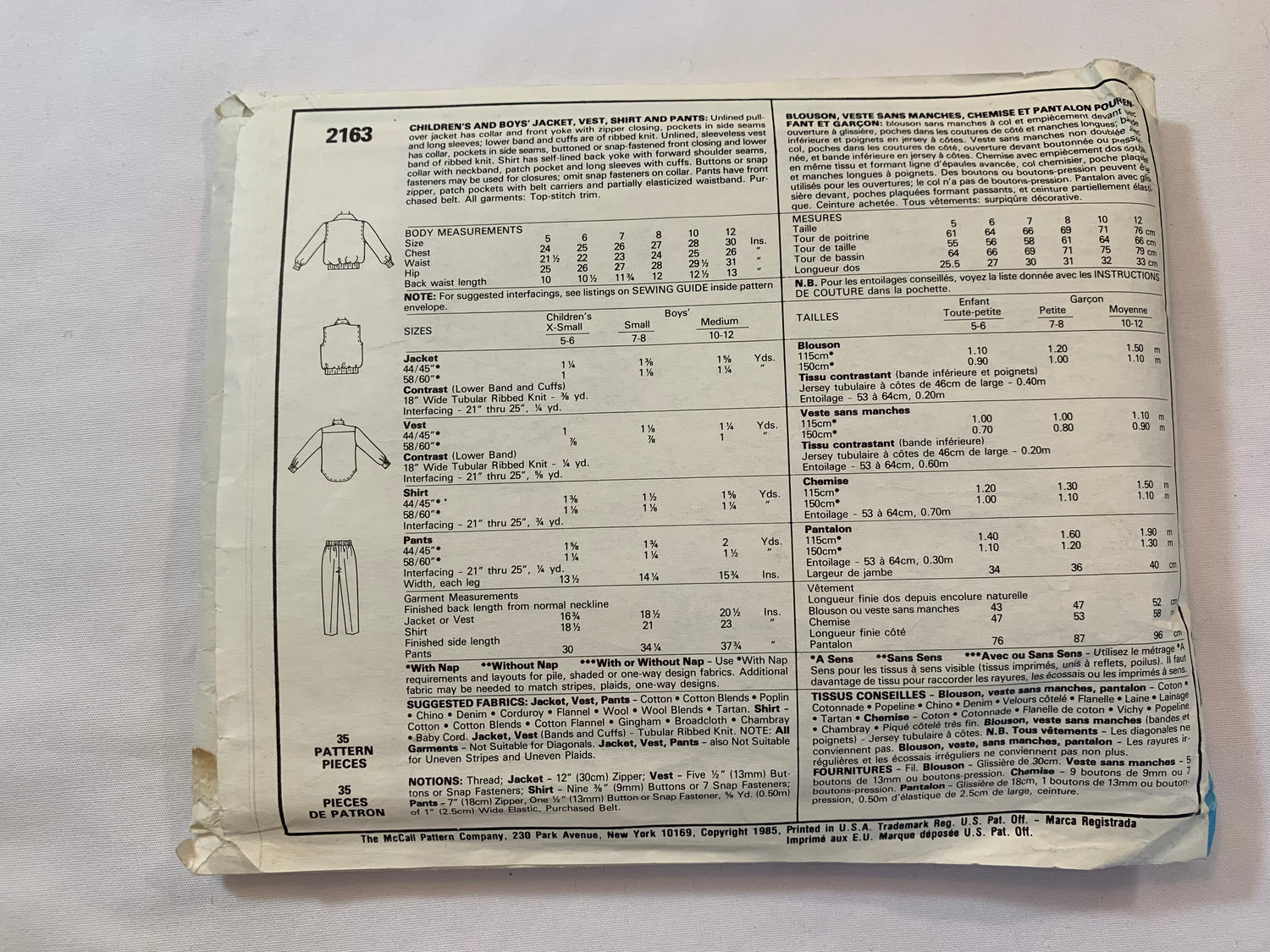McCall's Sewing Pattern 2163 Children's/Boys' Unlined Jacket, Vest, Shirt, Pants, Collar, Long Sleeves, Elastic Waist, Pockets, Size 5-6, Cut, Vintage 1985