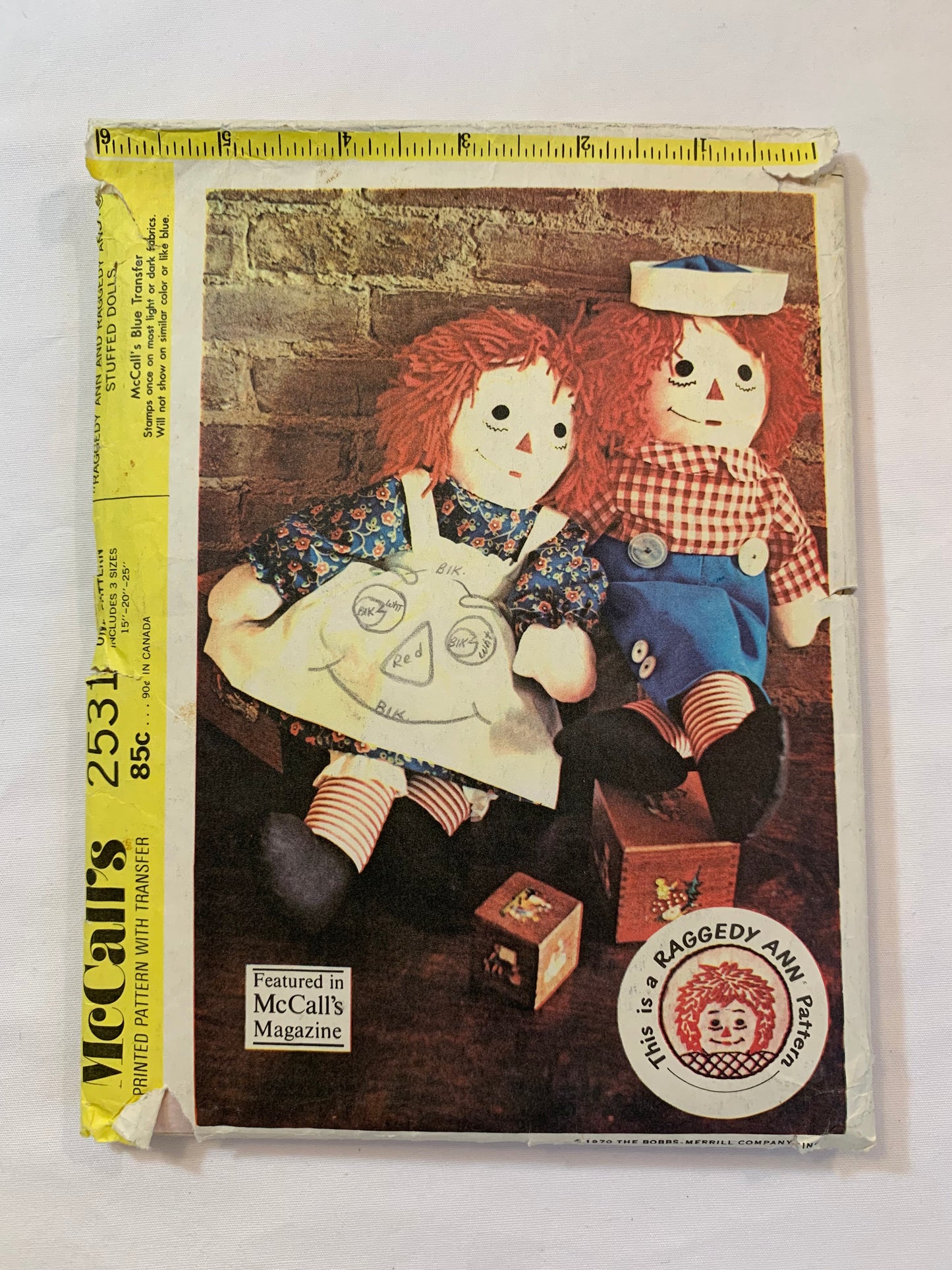 McCall's Sewing Pattern 2531 Raggedy Ann, Andy Stuffed Dolls, Wardrobe, Dress, Apron, Panties, Pants, Cap Crown, Shirt, Cut, Vintage 1970