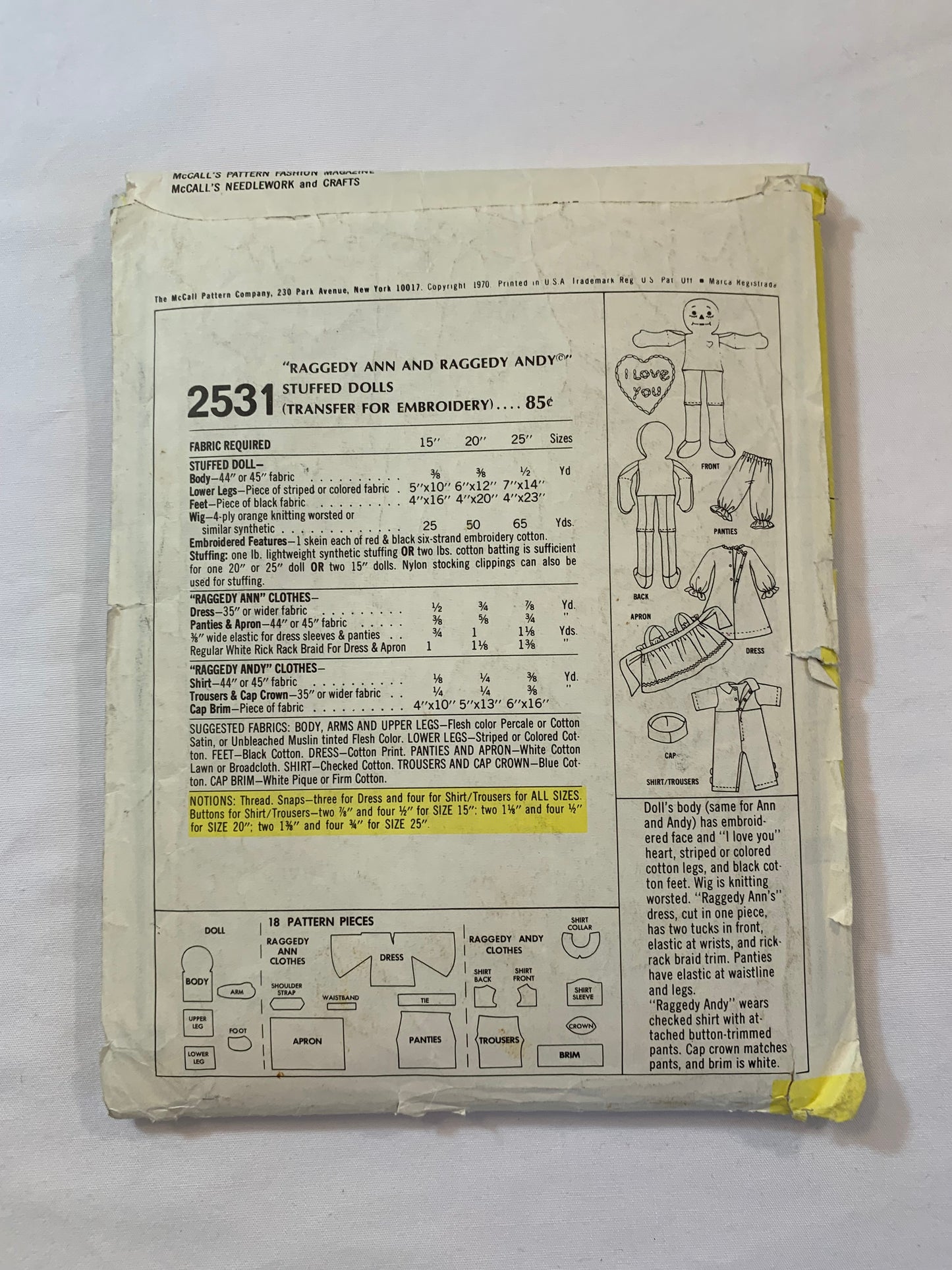 McCall's Sewing Pattern 2531 Raggedy Ann, Andy Stuffed Dolls, Wardrobe, Dress, Apron, Panties, Pants, Cap Crown, Shirt, Cut, Vintage 1970