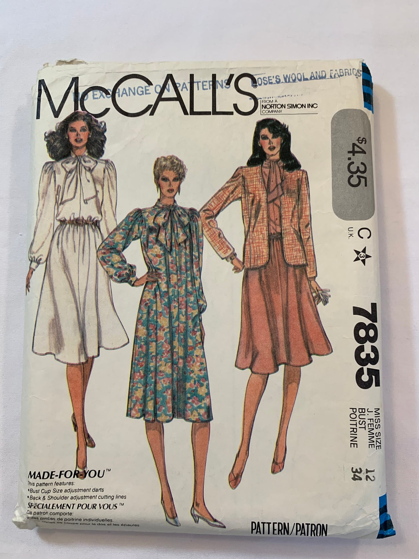 McCall's Sewing Pattern 7835 Misses' Jacket, Dress, Shoulder Pads, Pullover, Elastic Waist, Flared Skirt, Long Sleeves, Size 12, Cut, Vintage 1981