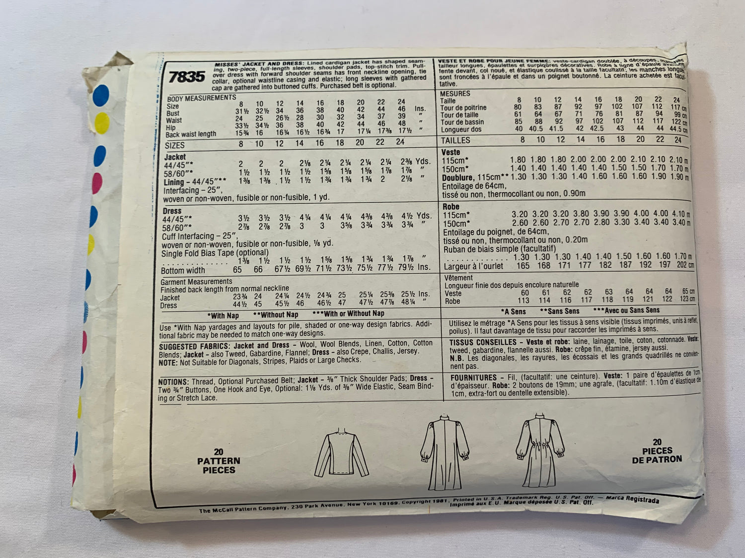 McCall's Sewing Pattern 7835 Misses' Jacket, Dress, Shoulder Pads, Pullover, Elastic Waist, Flared Skirt, Long Sleeves, Size 12, Cut, Vintage 1981