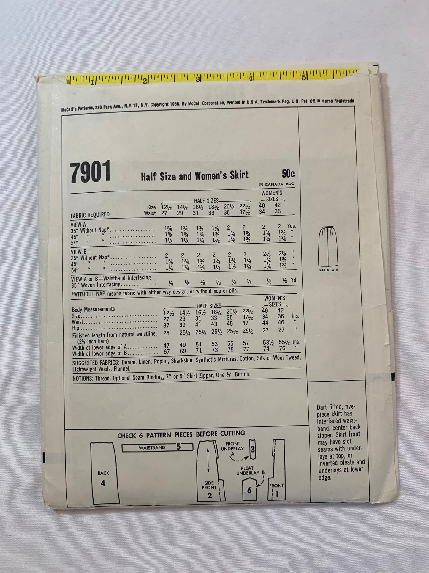 McCall's Sewing Pattern 7901 Misses' Skirt, Waistband, Zipper Back, Pockets, Pleats, Half Size, Size 22 1/2, Cut, Vintage 1965