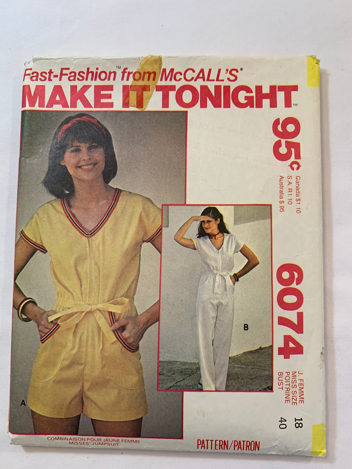 McCall's Sewing Pattern 6074 Misses' Jumpsuit, Sleeveless, Pockets, Two Lengths, Elastic Waist, Zipper Front, Size 18, Cut, Vintage 1976