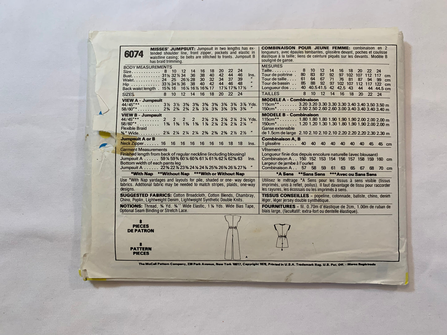 McCall's Sewing Pattern 6074 Misses' Jumpsuit, Sleeveless, Pockets, Two Lengths, Elastic Waist, Zipper Front, Size 18, Cut, Vintage 1976