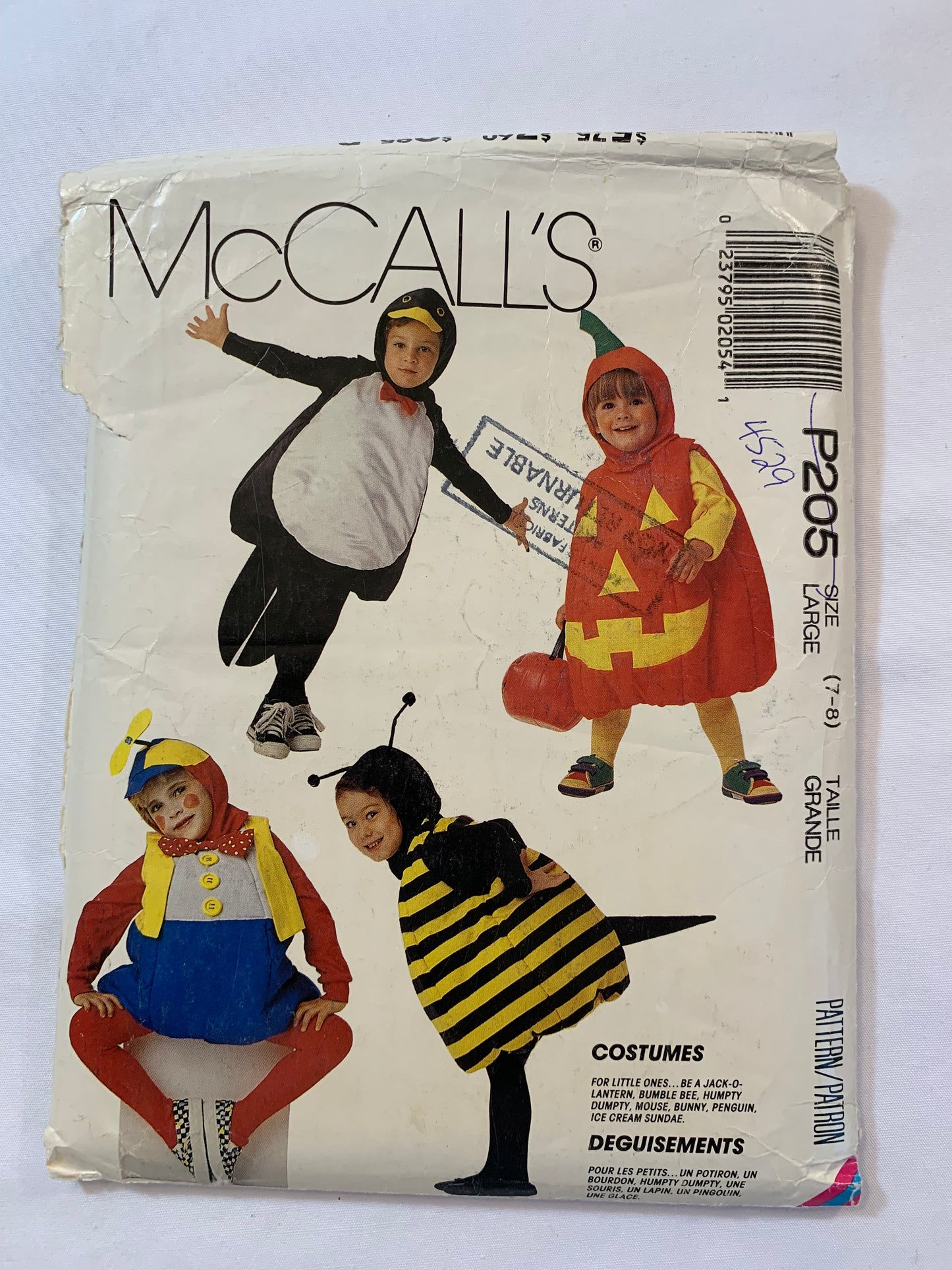 McCall's Sewing Pattern P205 Boys'/Girls Costumes, Halloween, Pumpkin, Bumble Bee, Humpty dumpty, Mouse, Bunny, Penguin, Ice cream Sundae, Jumpsuits, Long Sleeves, Size 7-8, Cut, Vintage 1980