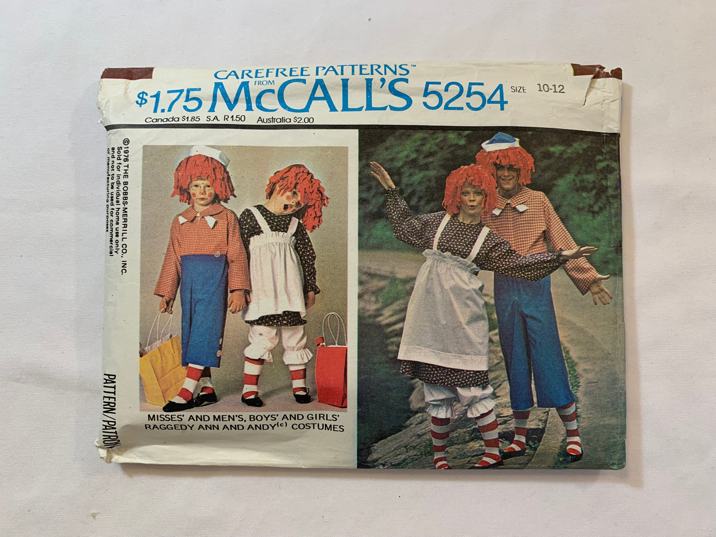 McCall's Sewing Pattern 4097 Crafts, Costumes, Halloween, Girls'/Boys' Raggedy Ann, Andy Pants, Top, Apron, Jumpsuit, Long Sleeves, Pullover, Size 10-12, Cut, Vintage 1976