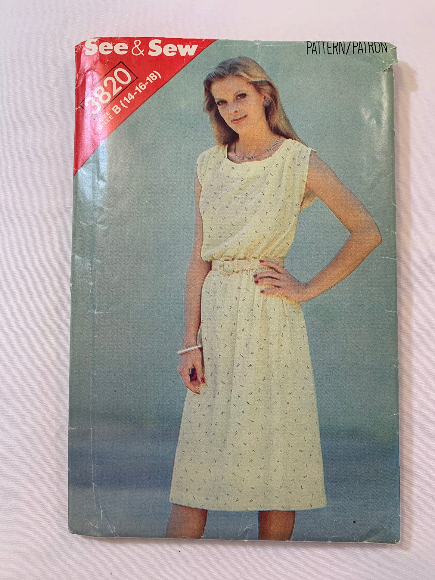 Butterick Sewing Pattern See & Sew 3820 Misses' Dress, Loose-Fitting, Below Mid-Knee, Pullover, Tie Belt, Sleeveless, Pockets, Size 14-18, Cut, Vintage 1996
