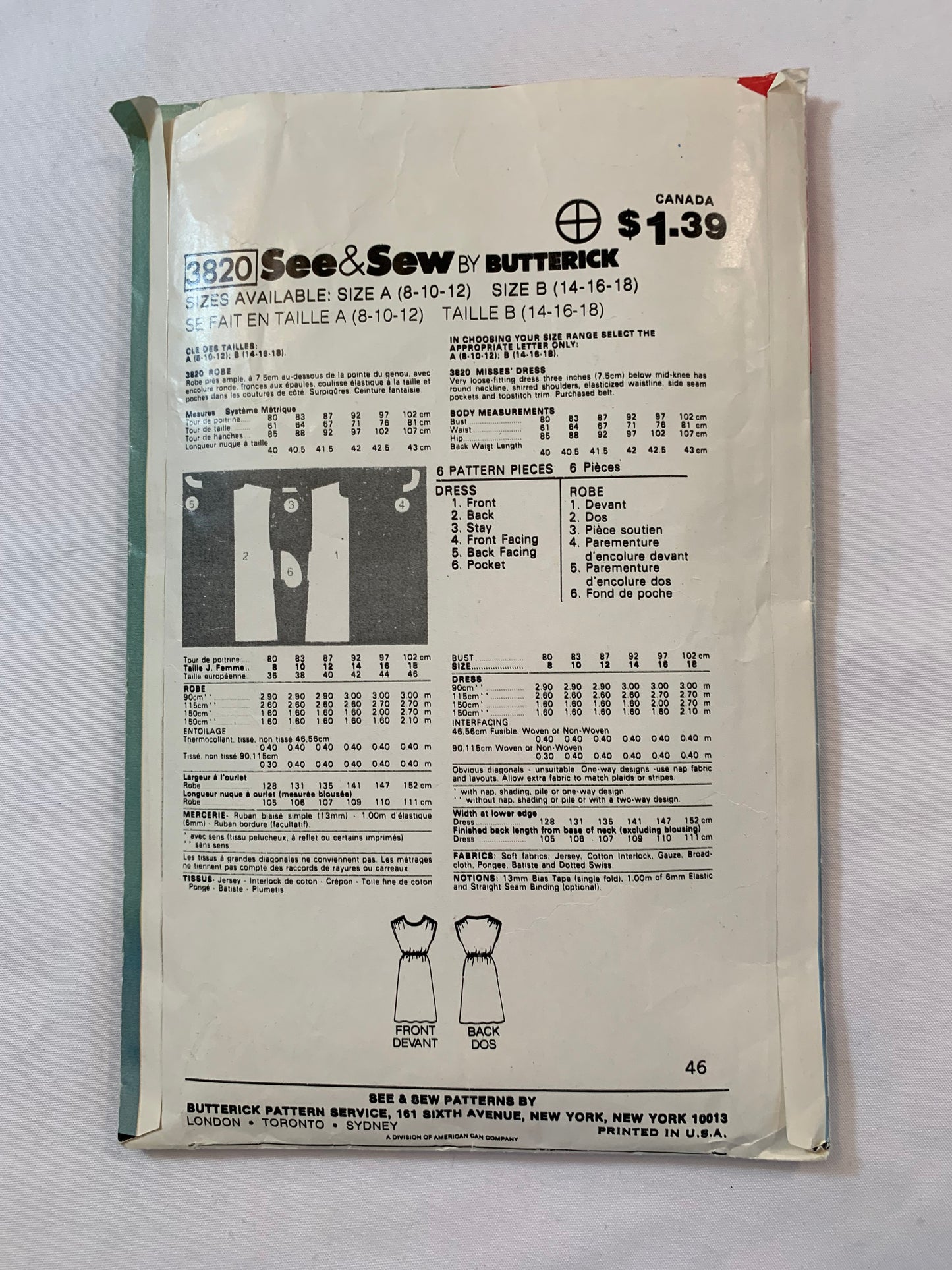 Butterick Sewing Pattern See & Sew 3820 Misses' Dress, Loose-Fitting, Below Mid-Knee, Pullover, Tie Belt, Sleeveless, Pockets, Size 14-18, Cut, Vintage 1996
