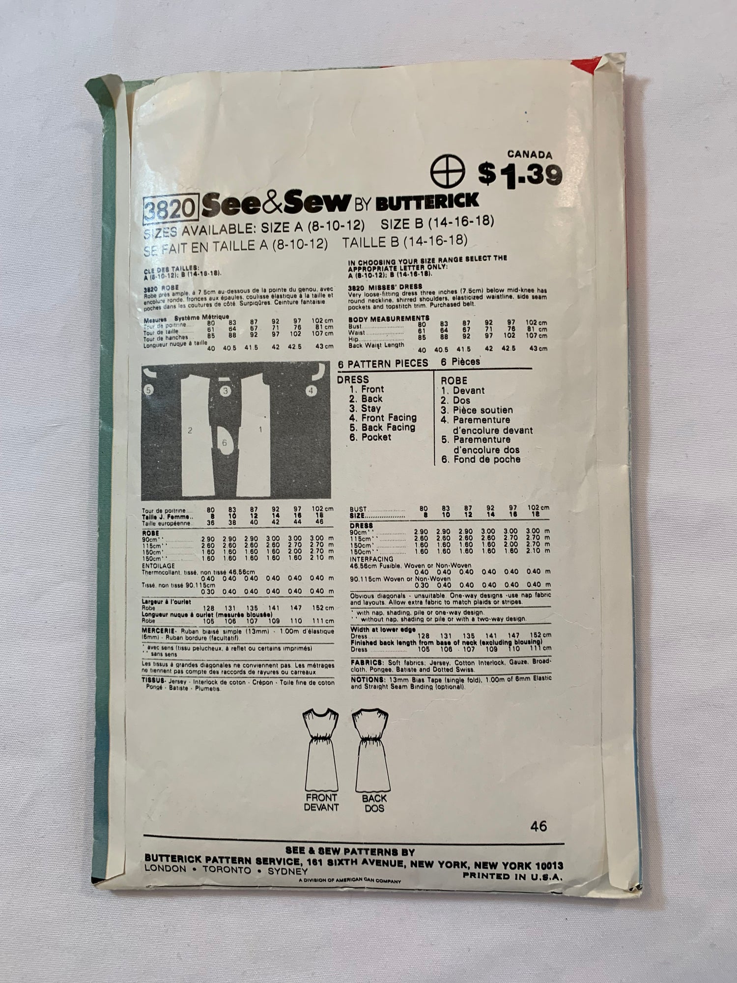 Butterick Sewing Pattern See & Sew 3820 Misses' Dress, Loose-Fitting, Below Mid-Knee, Pullover, Tie Belt, Sleeveless, Pockets, Size 14-18, Cut, Vintage 1996