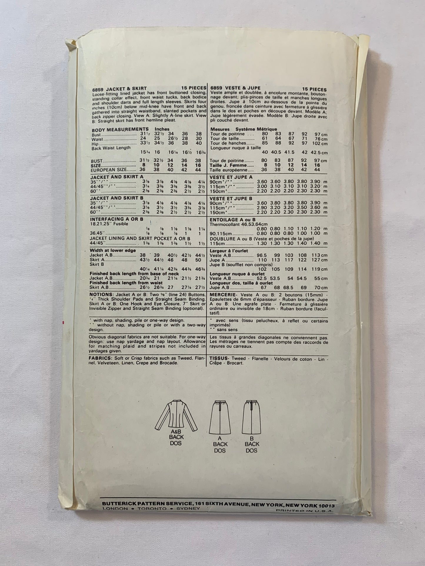 Butterick Sewing Pattern 6859 Misses' Jacket, Skirt, Loose-Fitting, Lined, Shoulder Pads, Long Sleeves, Zipper Back, Size 14, Cut, Vintage 1989