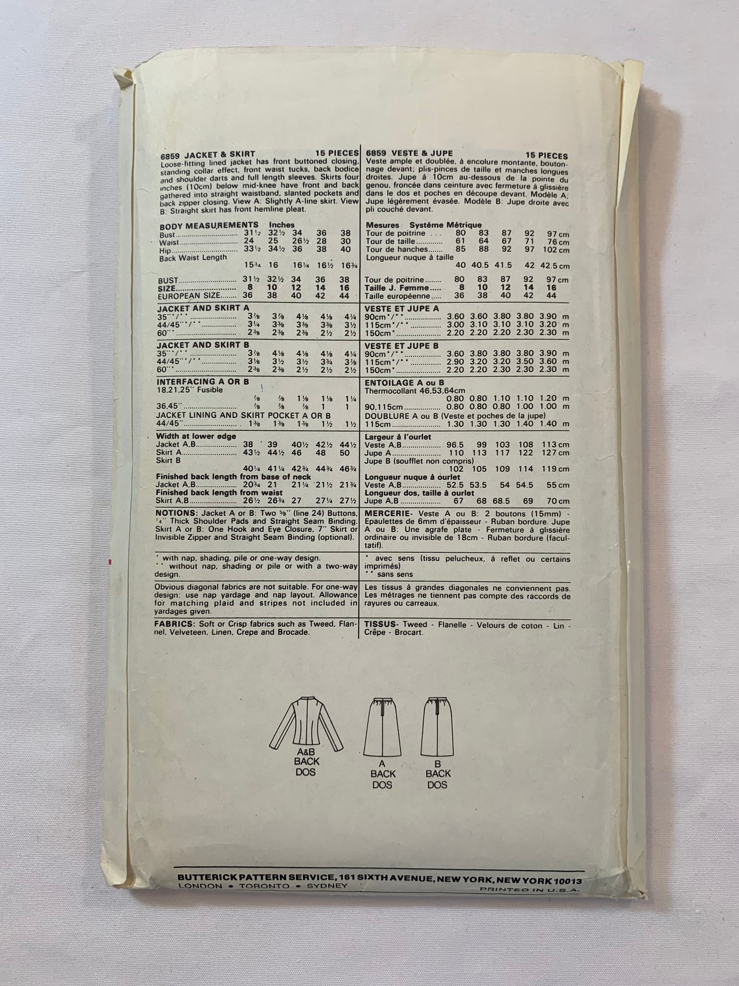 Butterick Sewing Pattern 6859 Misses' Jacket, Skirt, Loose-Fitting, Lined, Shoulder Pads, Long Sleeves, Zipper Back, Size 14, Cut, Vintage 1989