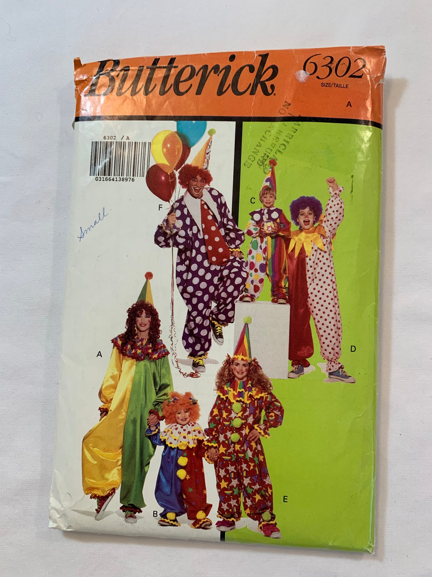 Butterick Sewing Pattern 6302 Boys'/Girls' Clown Costumes, Jumpsuit, Long Sleeves, Hat, Tie, Collar, Size S-XL, Cut, Vintage 1992