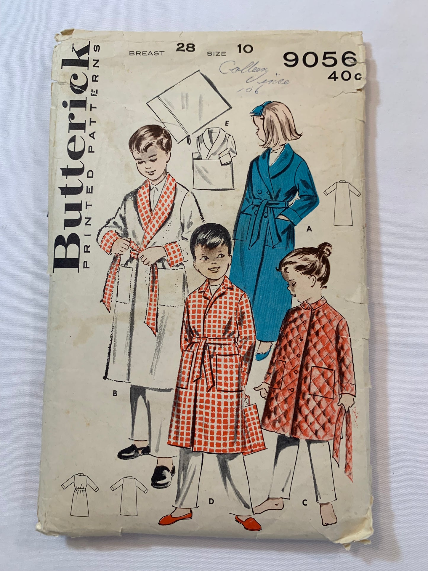 Butterick Sewing Pattern 9056 Children's/Boys'/Girls' Robe, Belt, Travel Bag, Two Lengths, Button Front, Pockets, Size 10, Cut, Vintage 1950