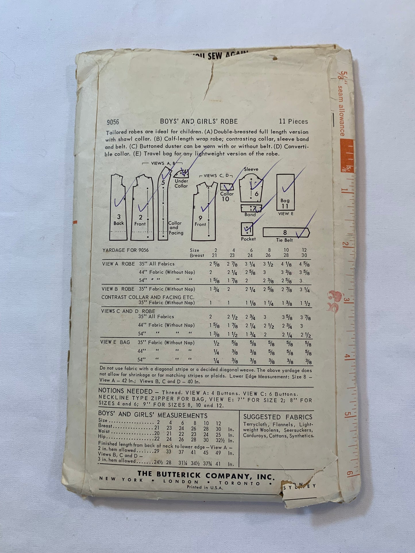Butterick Sewing Pattern 9056 Children's/Boys'/Girls' Robe, Belt, Travel Bag, Two Lengths, Button Front, Pockets, Size 10, Cut, Vintage 1950