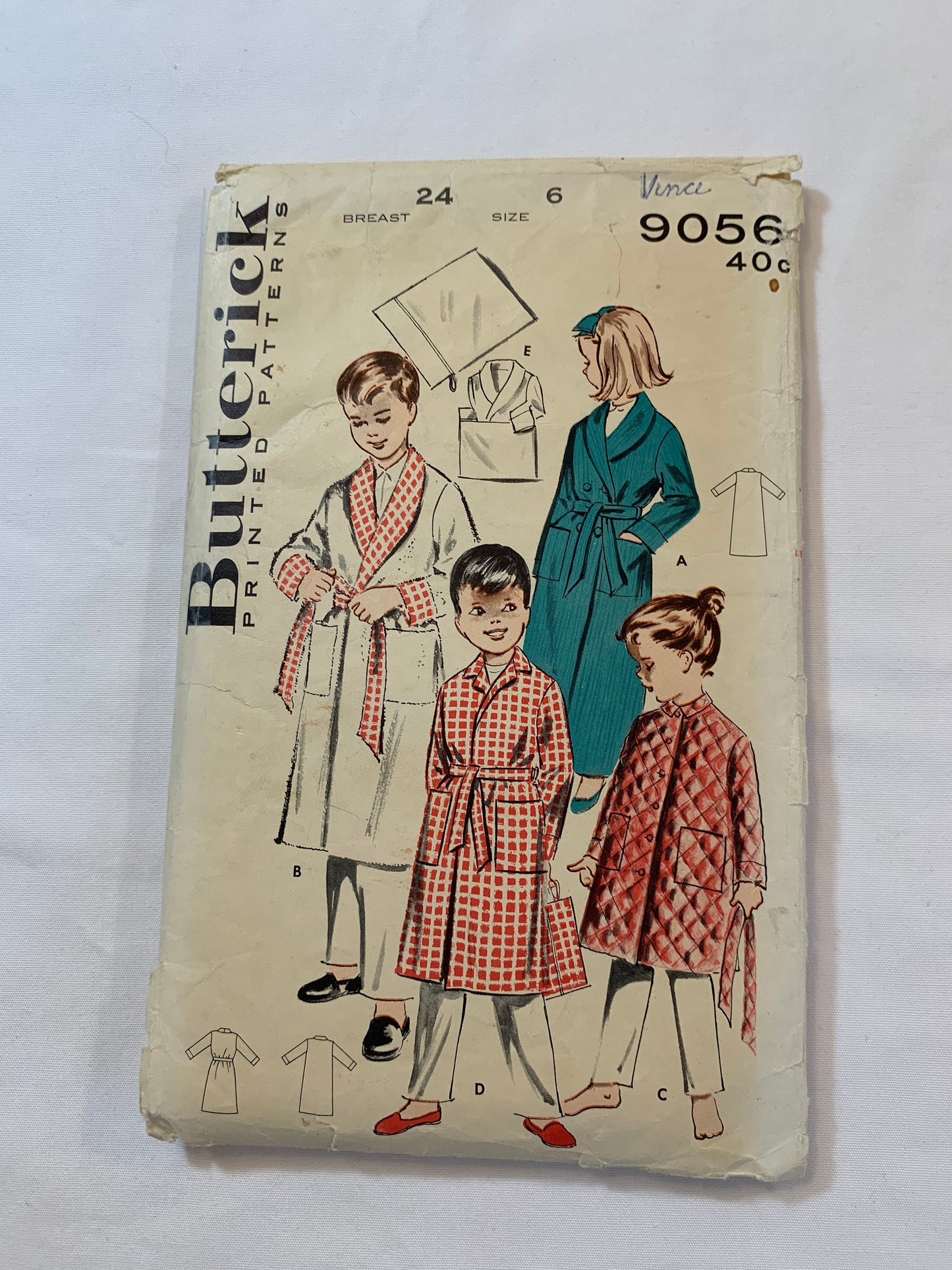 Butterick Sewing Pattern 9056 Children's/Boys'/Girls' Robe, Belt, Travel Bag, Two Lengths, Button Front, Pockets, Size 6, Cut, Vintage 1950