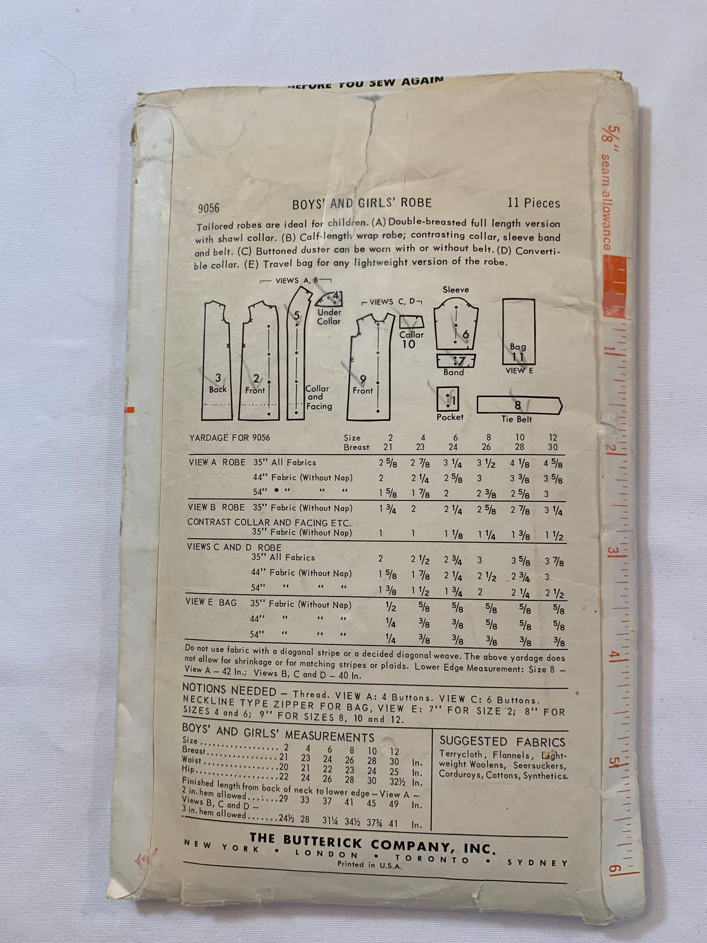 Butterick Sewing Pattern 9056 Children's/Boys'/Girls' Robe, Belt, Travel Bag, Two Lengths, Button Front, Pockets, Size 6, Cut, Vintage 1950