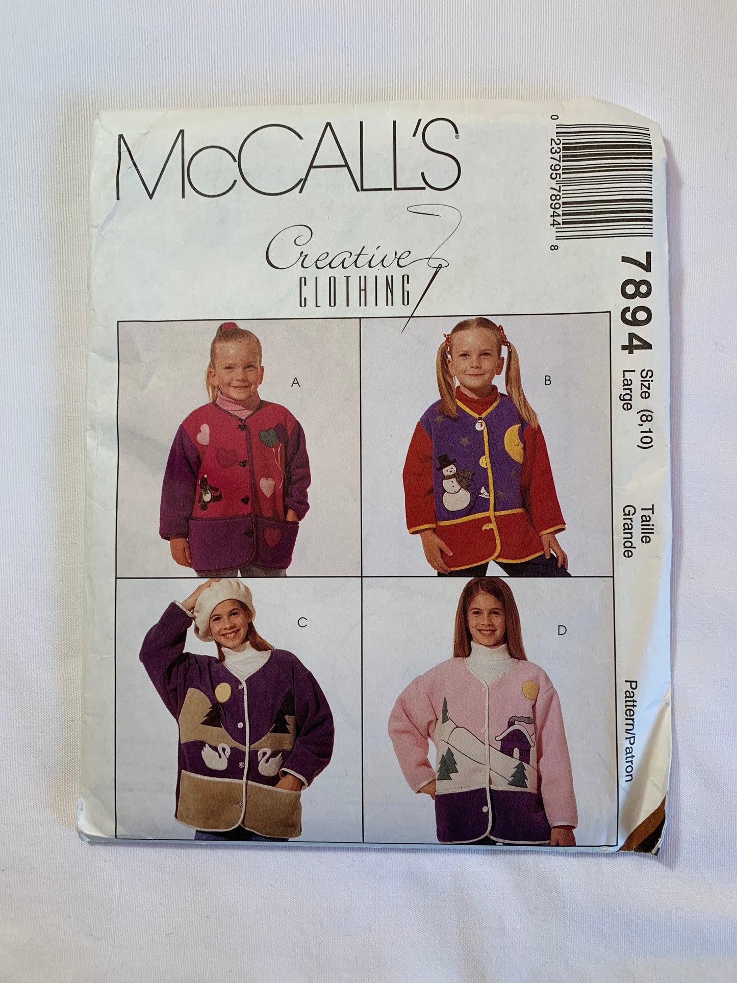 McCall's Sewing Pattern 7894 Children's/Girls' Jacket, Coat, Button Front, Pockets, Long Sleeves, Appliques, Size 3-6, Uncut, Vintage 1998