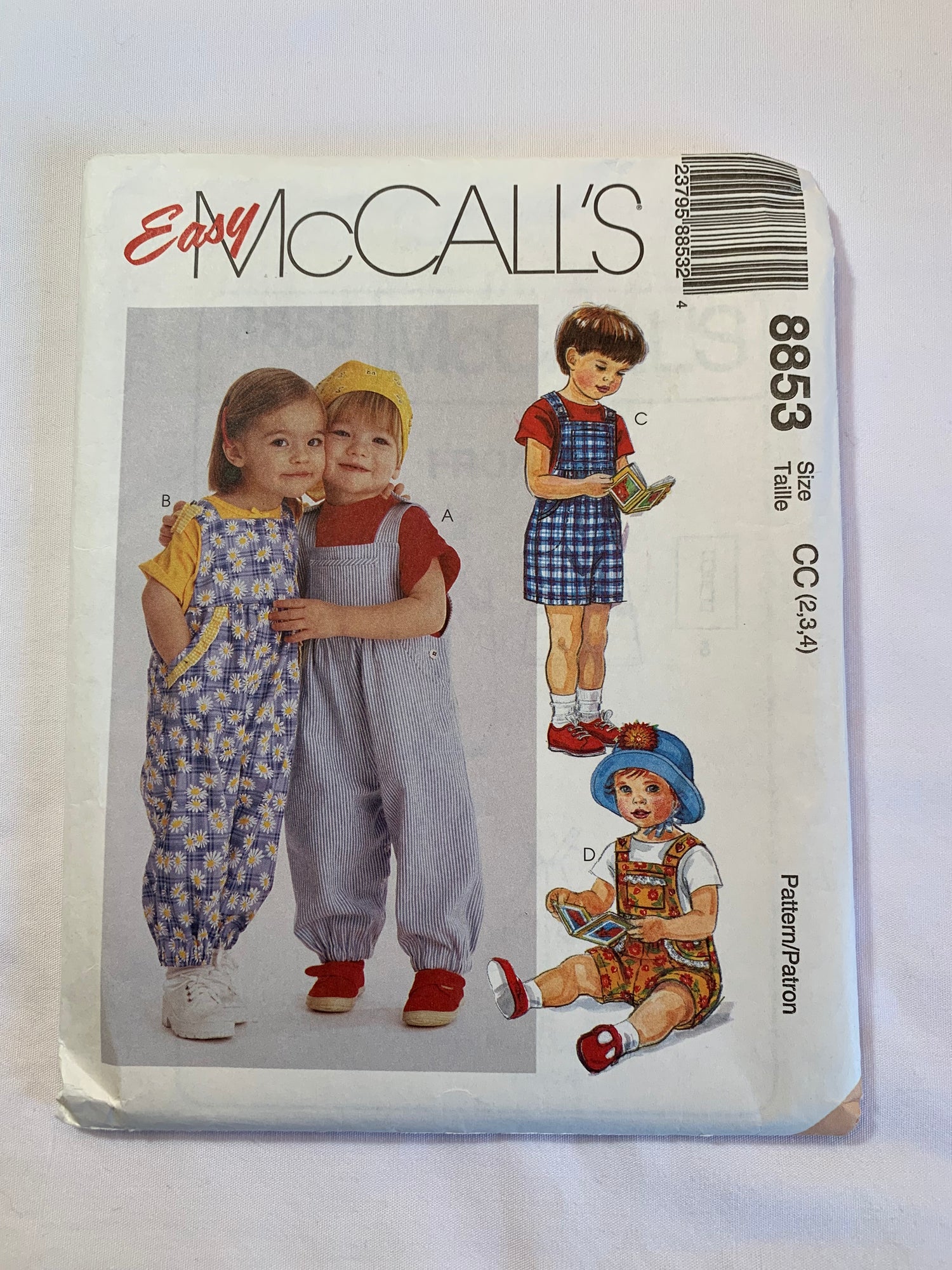 McCall's Sewing Pattern 8853 Toddlers' Overalls, Snap Crotch, Two Lengths, 4 Variations, Sleeveless, Shoulder Straps, Pockets, Elastic Ankles, Size 2-4, Uncut, Vintage 1997