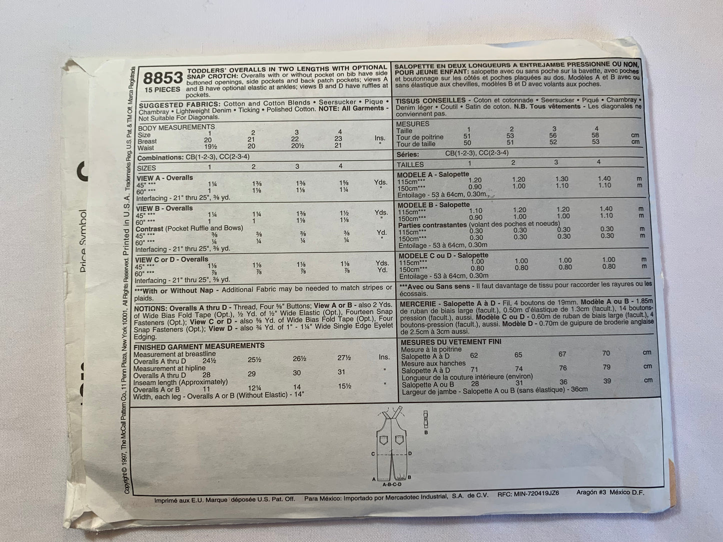 McCall's Sewing Pattern 8853 Toddlers' Overalls, Snap Crotch, Two Lengths, 4 Variations, Sleeveless, Shoulder Straps, Pockets, Elastic Ankles, Size 2-4, Uncut, Vintage 1997