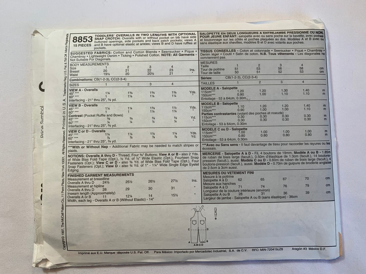 McCall's Sewing Pattern 8853 Toddlers' Overalls, Snap Crotch, Two Lengths, 4 Variations, Sleeveless, Shoulder Straps, Pockets, Elastic Ankles, Size 2-4, Uncut, Vintage 1997