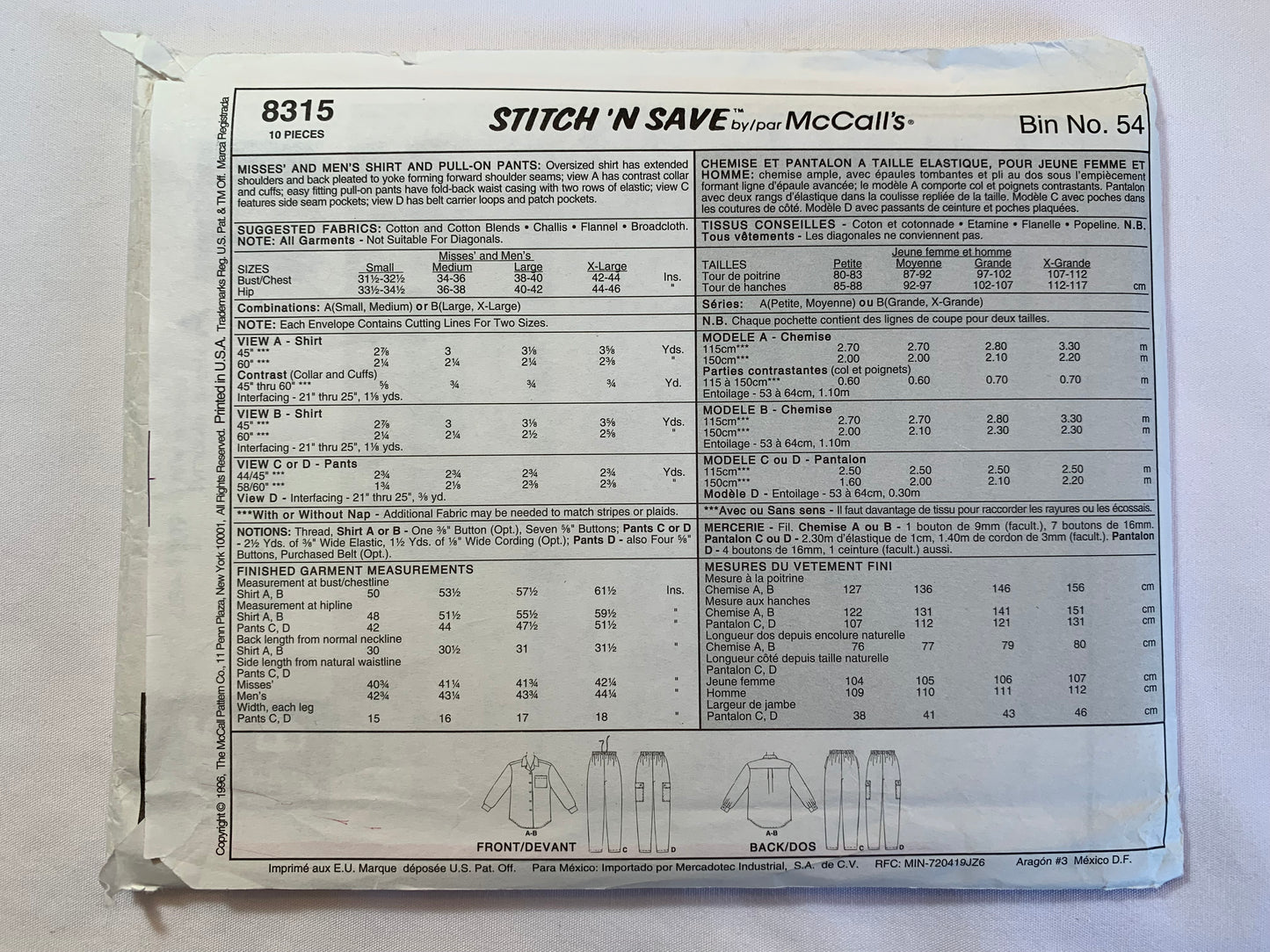 McCall's Sewing Pattern Stitch 'N Save 5910 Misses'/Men's Shirt, Pull-On Pants, Oversized, Collar, Elastic Waist, Pockets, Long Sleeves, Button Front, Size 38-44, Uncut, Vintage 1996