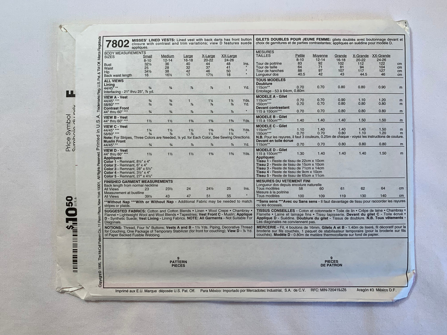McCall's Sewing Pattern 7802 Misses' Vests, Button Front, Sleeveless, Darts, Fitted, Lined, Size 16-18, Uncut, Vintage 1995