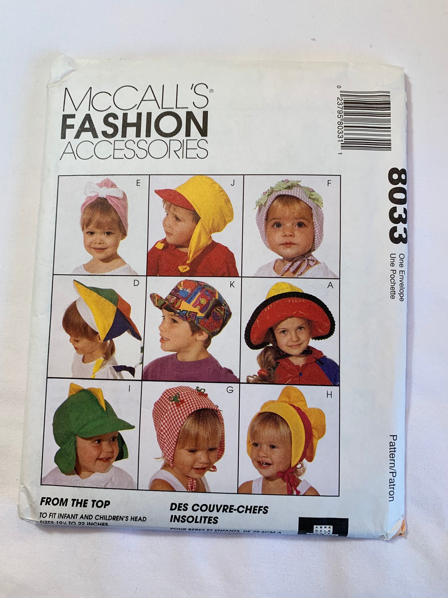 McCall's Sewing Pattern 8033 Toddlers'/Infant's, Children's Hats, Brims, Caps, Ear Flaps, Sun, 12 Variations, 3 Sizes 19 1/2" to 22", Uncut, Vintage 1995