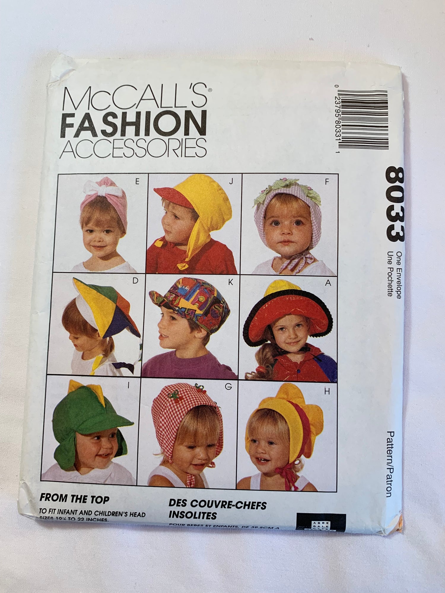 McCall's Sewing Pattern 8033 Toddlers'/Infant's, Children's Hats, Brims, Caps, Ear Flaps, Sun, 12 Variations, 3 Sizes 19 1/2" to 22", Uncut, Vintage 1995