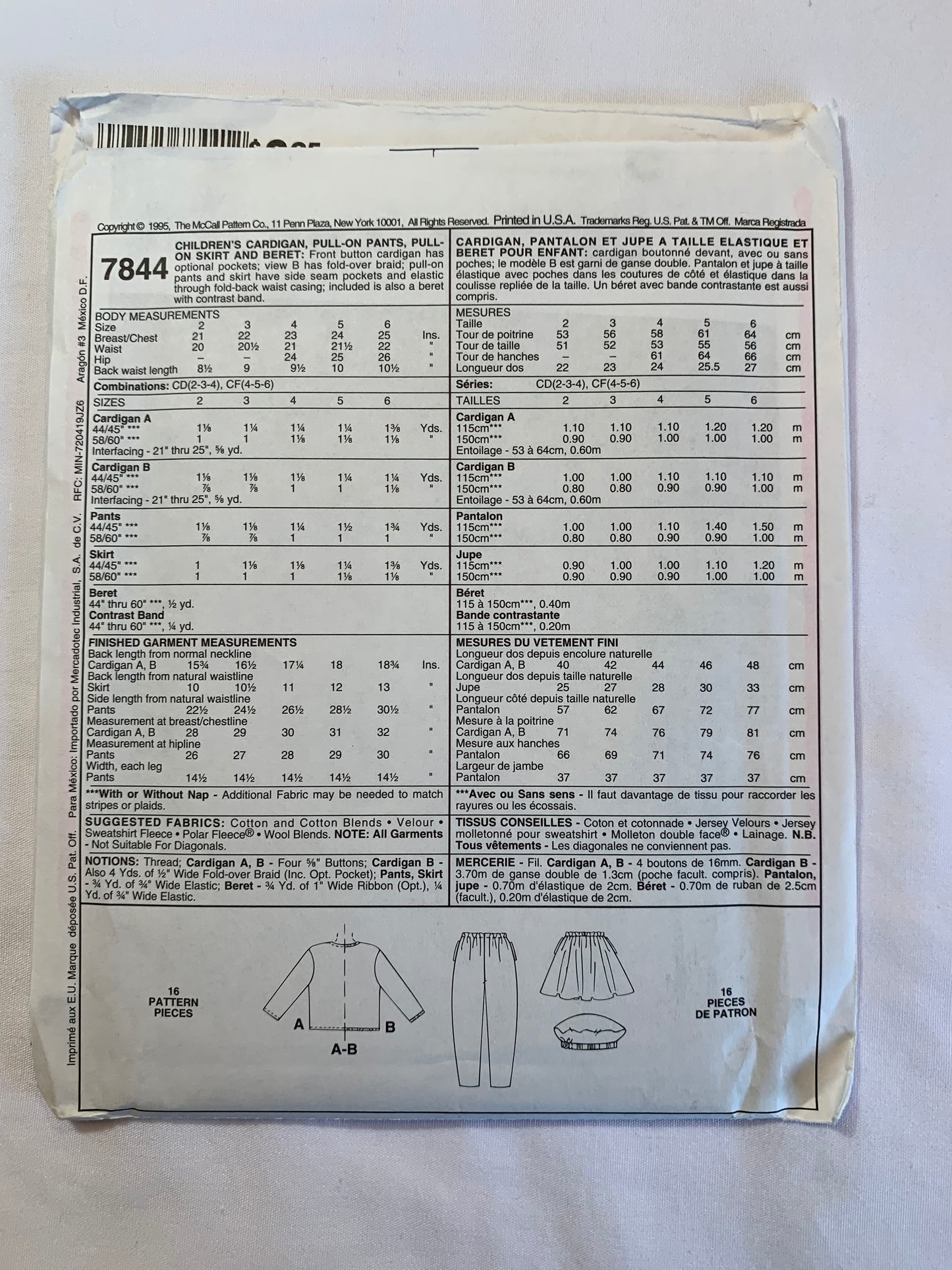 McCall's Sewing Pattern 7844 Girls' Cardigan, Skirt, Pants, Beret, Pockets, Elastic Waist, Button Front, Full Skirt, Size 2-4, Uncut, Vintage 1995